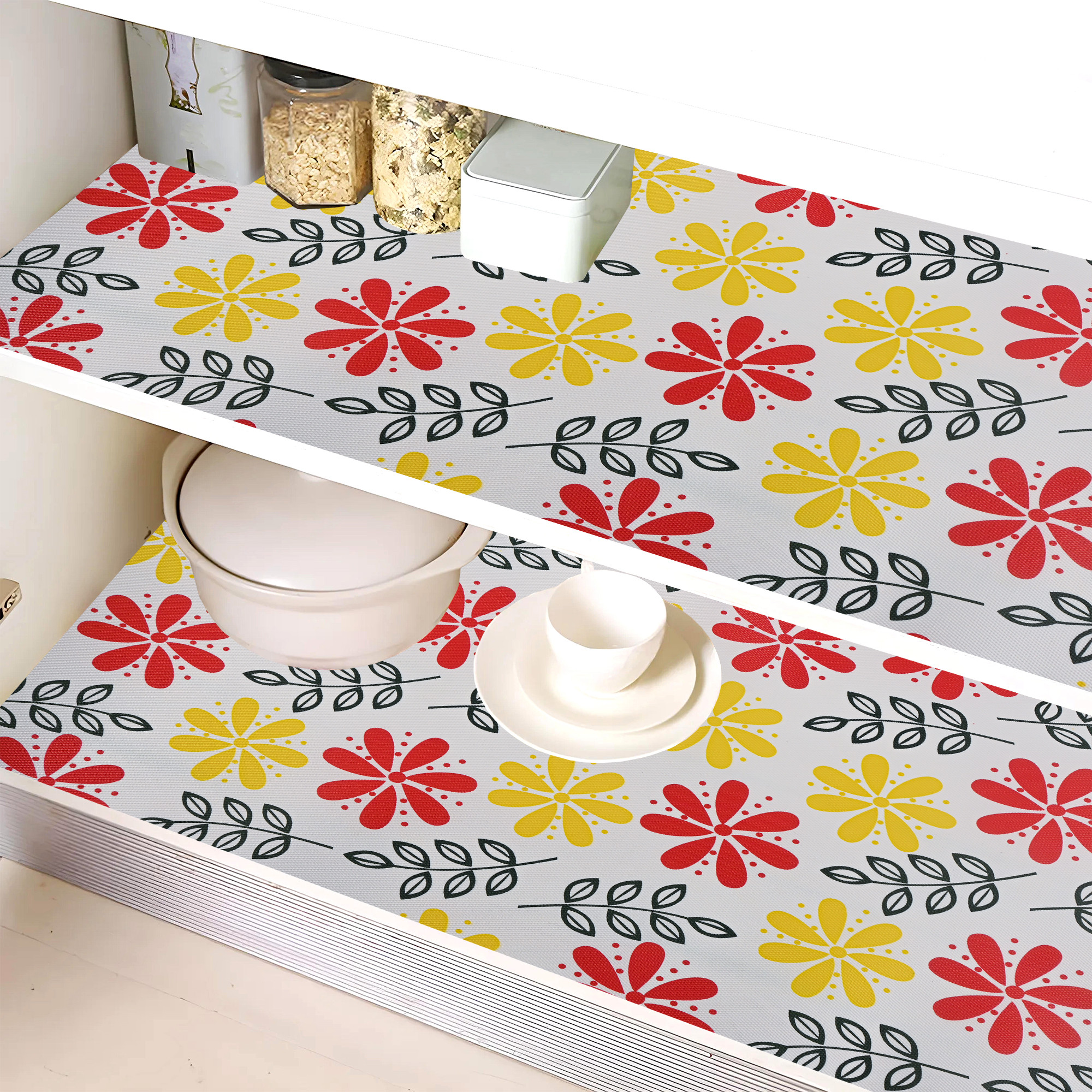 Kuber Industries 5 Meter EVA Anti Slip Kitchen Shelf Mats Roll  Shelf Liners for Kitchen Shelves  Fridge  Multipurpose Cupboard Sheets for Wardrobes  Drawers  Flower S5 - White