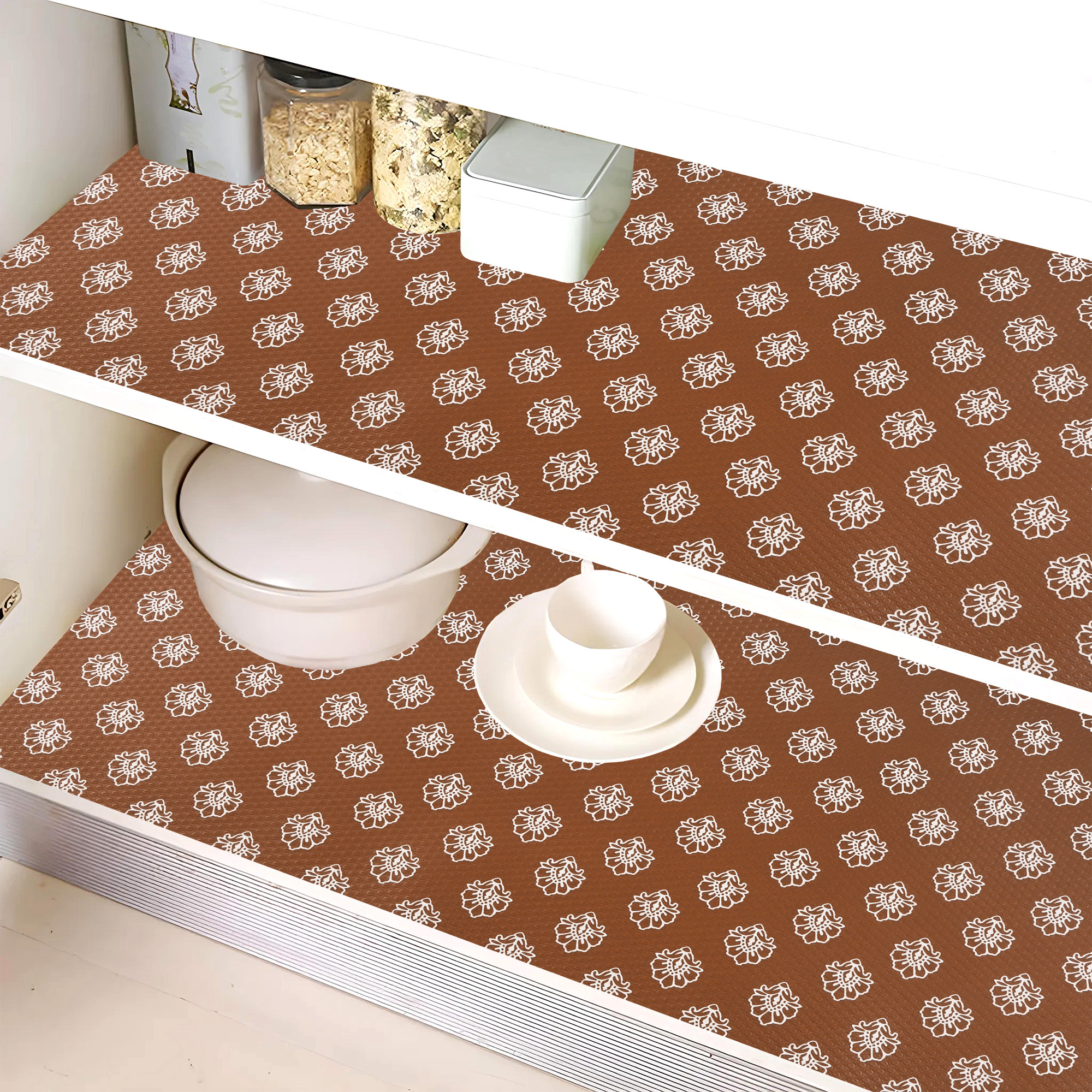 Kuber Industries 5 Meter EVA Anti Slip Kitchen Shelf Mats Roll  Shelf Liners for Kitchen Shelves  Fridge  Multipurpose Cupboard Sheets for Wardrobes  Drawers  Flower S3- Brown