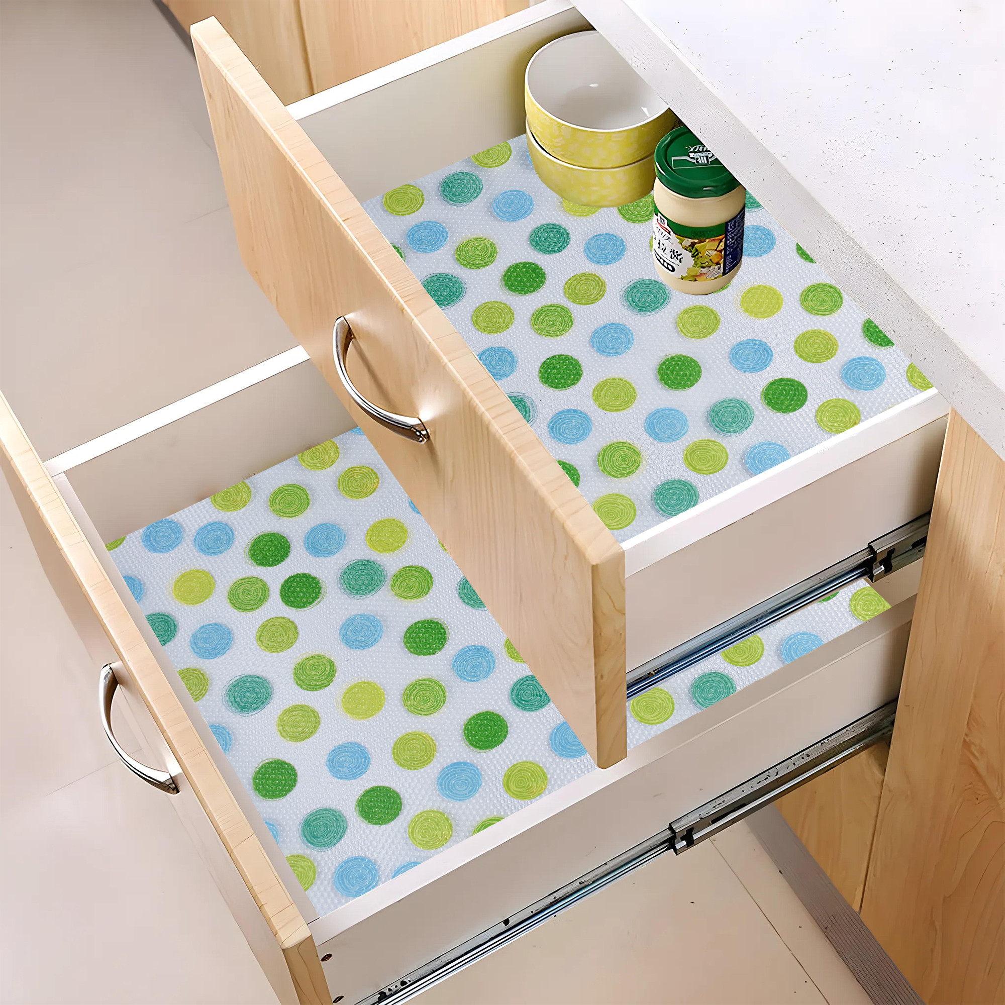 Kuber Industries 5 Meter EVA Anti Slip Kitchen Shelf Mats Roll  Shelf Liners for Kitchen Shelves  Fridge  Multipurpose Cupboard Sheets for Wardrobes  Drawers  Dot S2 - Green  Blue