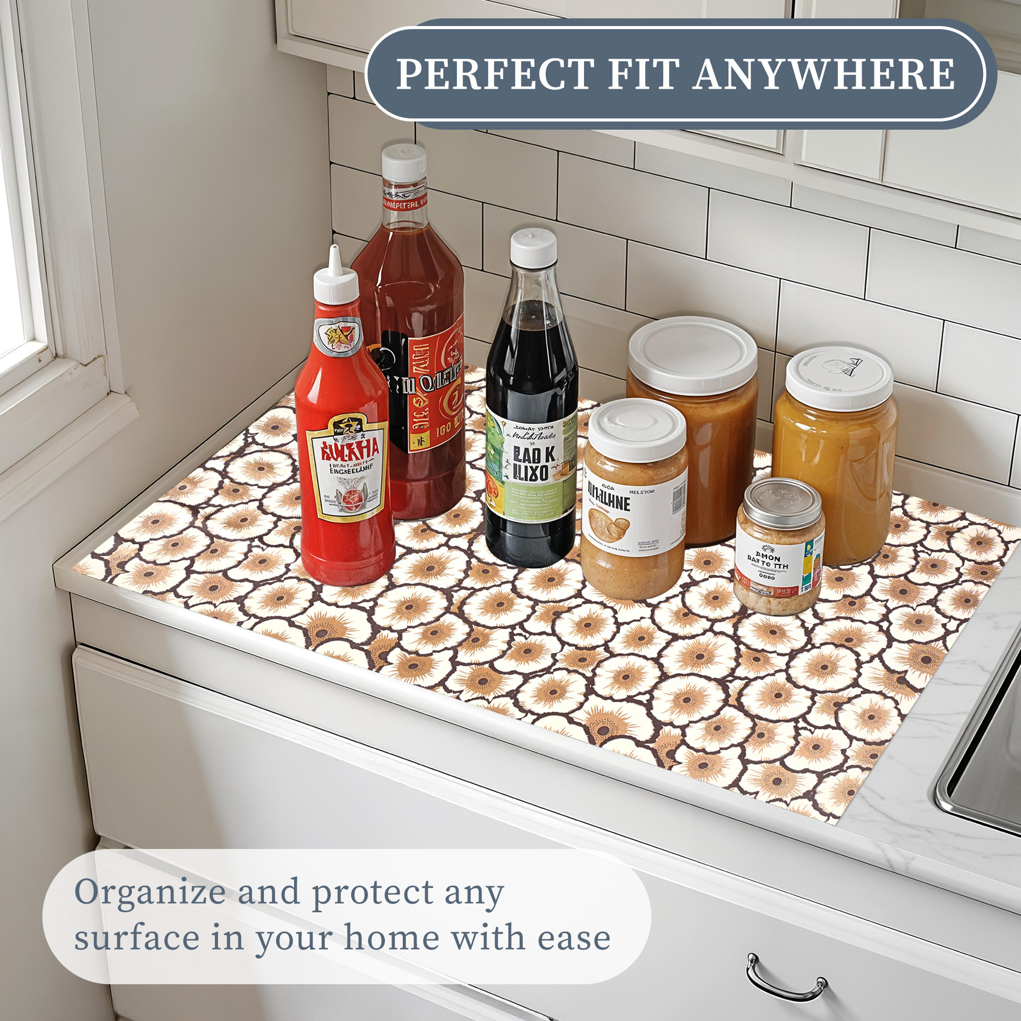 Kuber Industries 5 Meter PVC Shelf Liners for Kitchen Shelves  Cupboard Mats Roll for Wardrobe  Drawer and Fridge Shelf Mat Roll  Cabinet Liners for Shelves  Flower - Cream  Brown