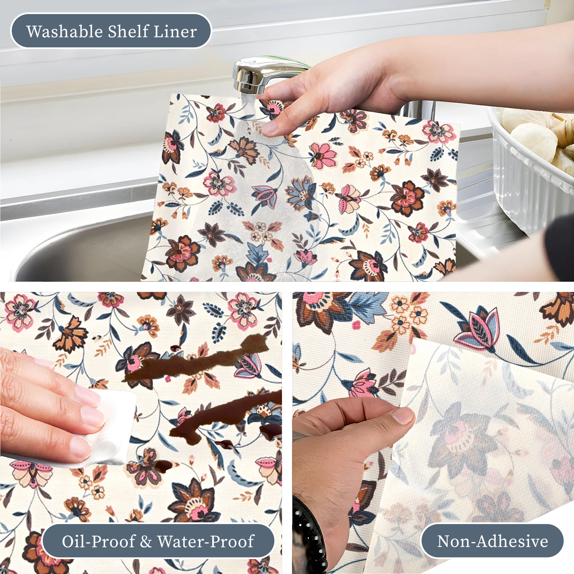 Kuber Industries 5 Meter PVC Shelf Liners for Kitchen Shelves  Cupboard Mats Roll for Wardrobe  Drawer and Fridge Shelf Mat Roll  Cabinet Liners for Shelves  Barik Flower - Cream