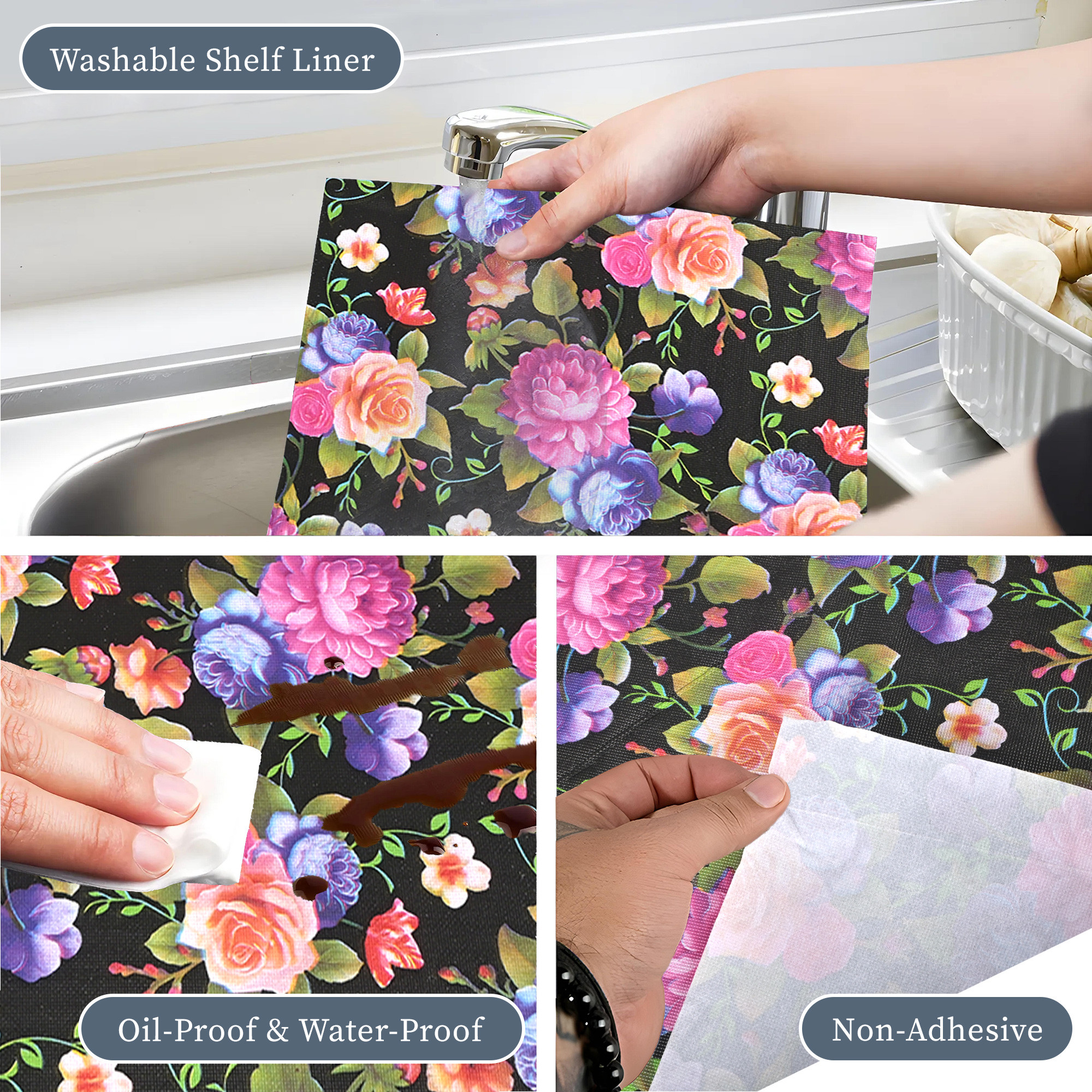 Kuber Industries 5 Meter PVC Shelf Liners for Kitchen Shelves  Cupboard Mats Roll for Wardrobe  Drawer and Fridge Shelf Mat Roll  Cabinet Liners for Shelves  Mix Rose - Black