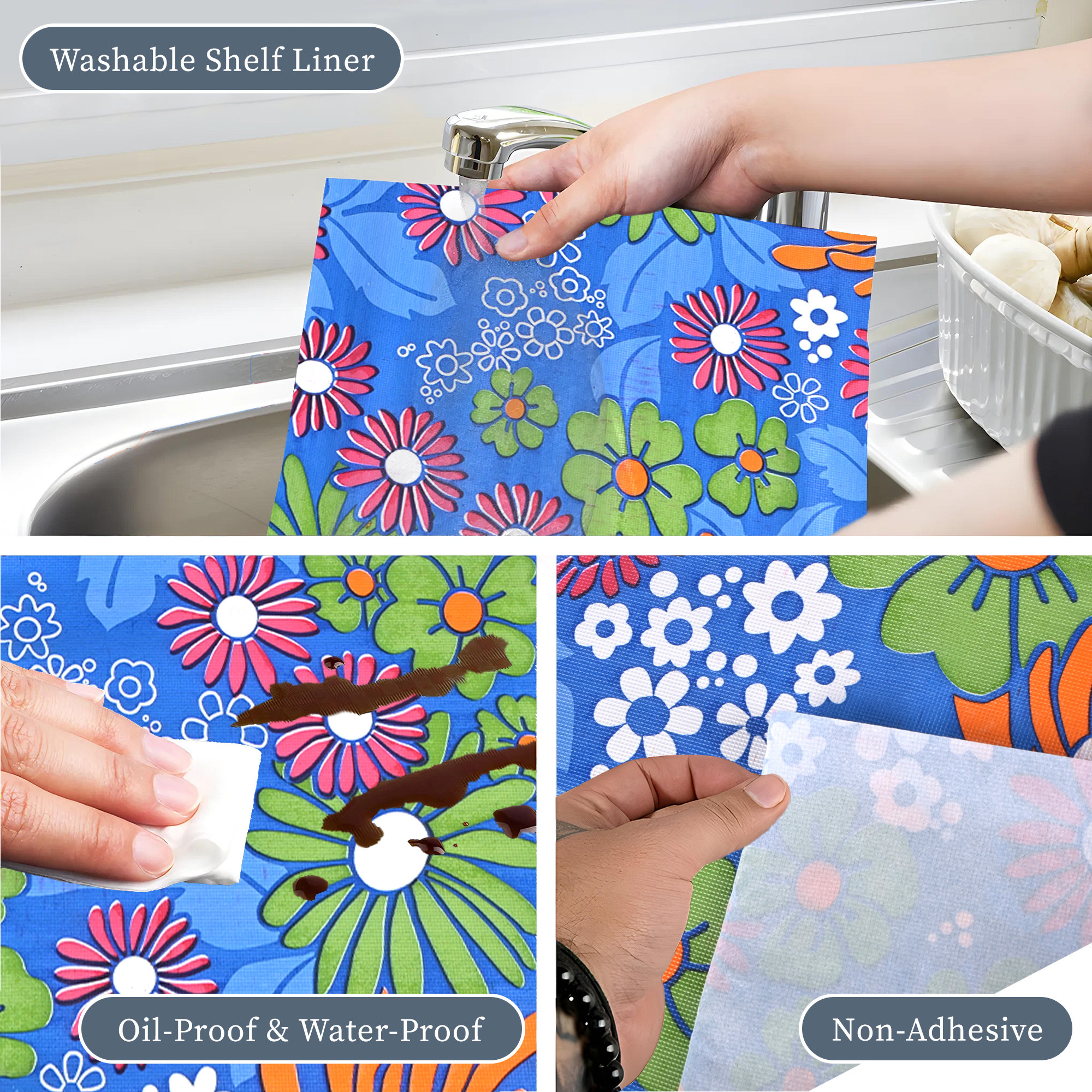 Kuber Industries 5 Meter PVC Shelf Liners for Kitchen Shelves  Cupboard Mats Roll for Wardrobe  Drawer and Fridge Shelf Mat Roll  Cabinet Liners for Shelves  Multi Flower - Blue