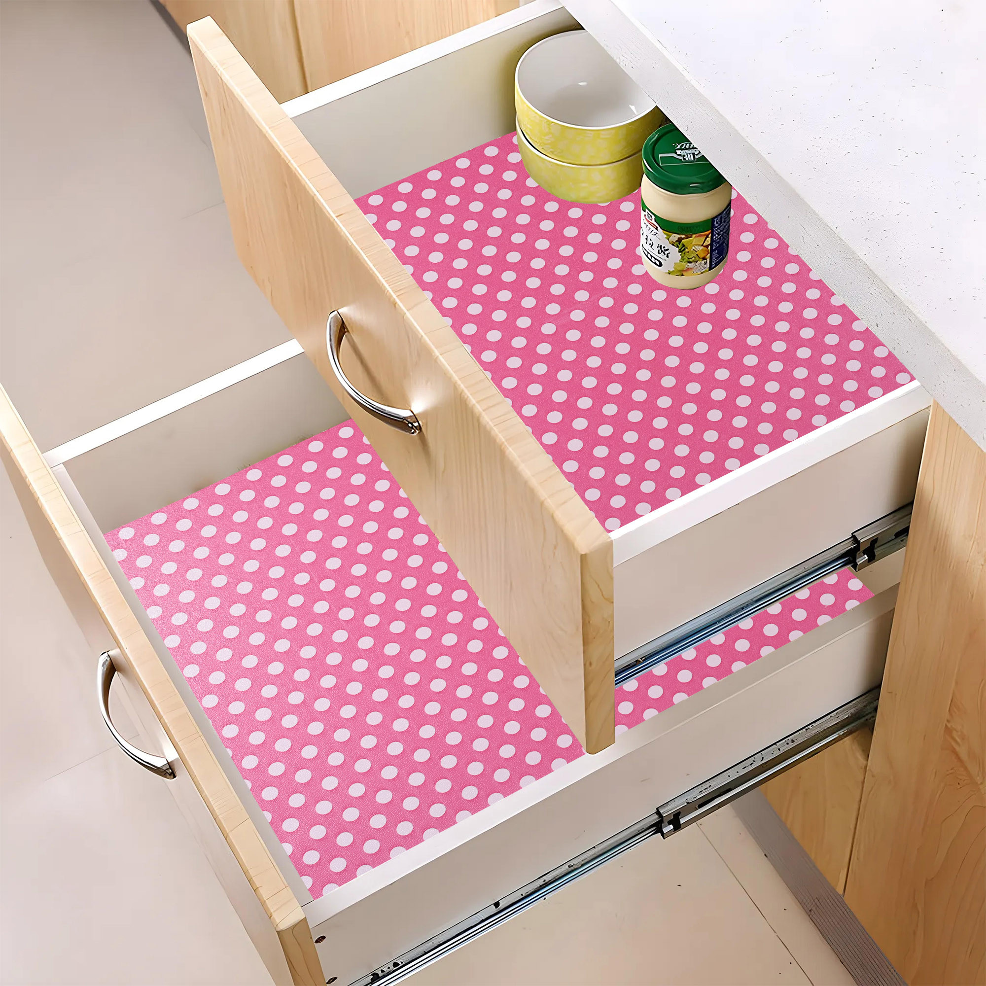 Kuber Industries 5 Meters Waterproof  Durable Kitchen Mats for Shelf Liner Roll  Wipeable Fridge Sheets for Shelves Cabinet Drawer  White Polka Dot - Pink