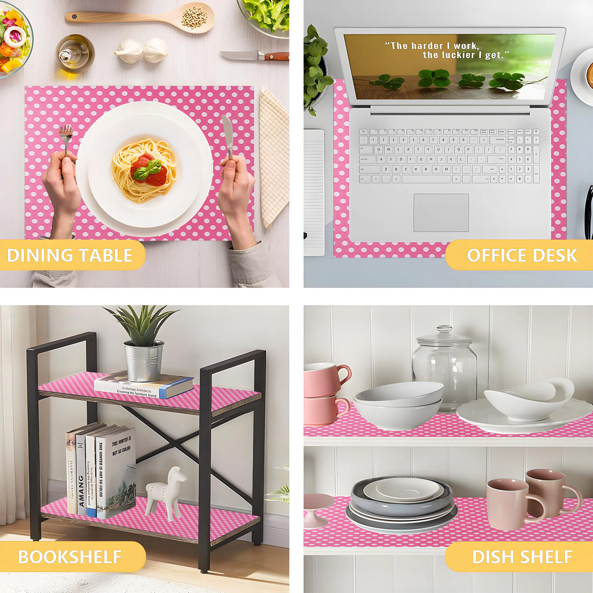 Kuber Industries 5 Meters Waterproof  Durable Kitchen Mats for Shelf Liner Roll  Wipeable Fridge Sheets for Shelves Cabinet Drawer  White Polka Dot - Pink