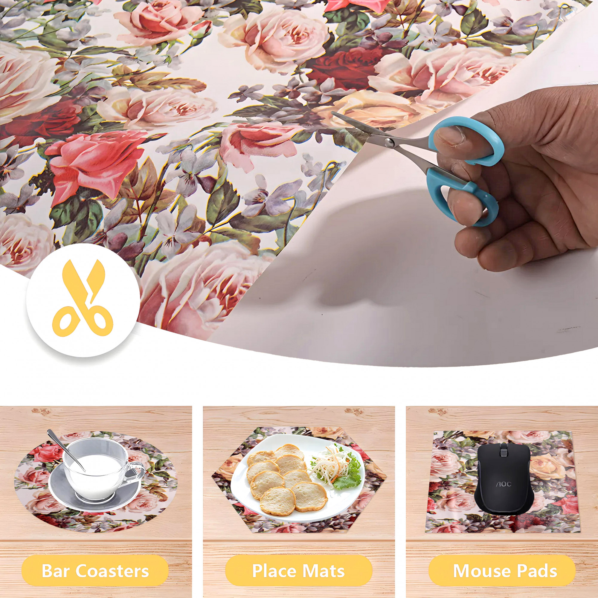 Kuber Industries 5 Meters Waterproof  Durable Kitchen Mats for Shelf Liner Roll  Wipeable Fridge Sheets for Shelves Cabinet Drawer  Pink  Yellow Roses