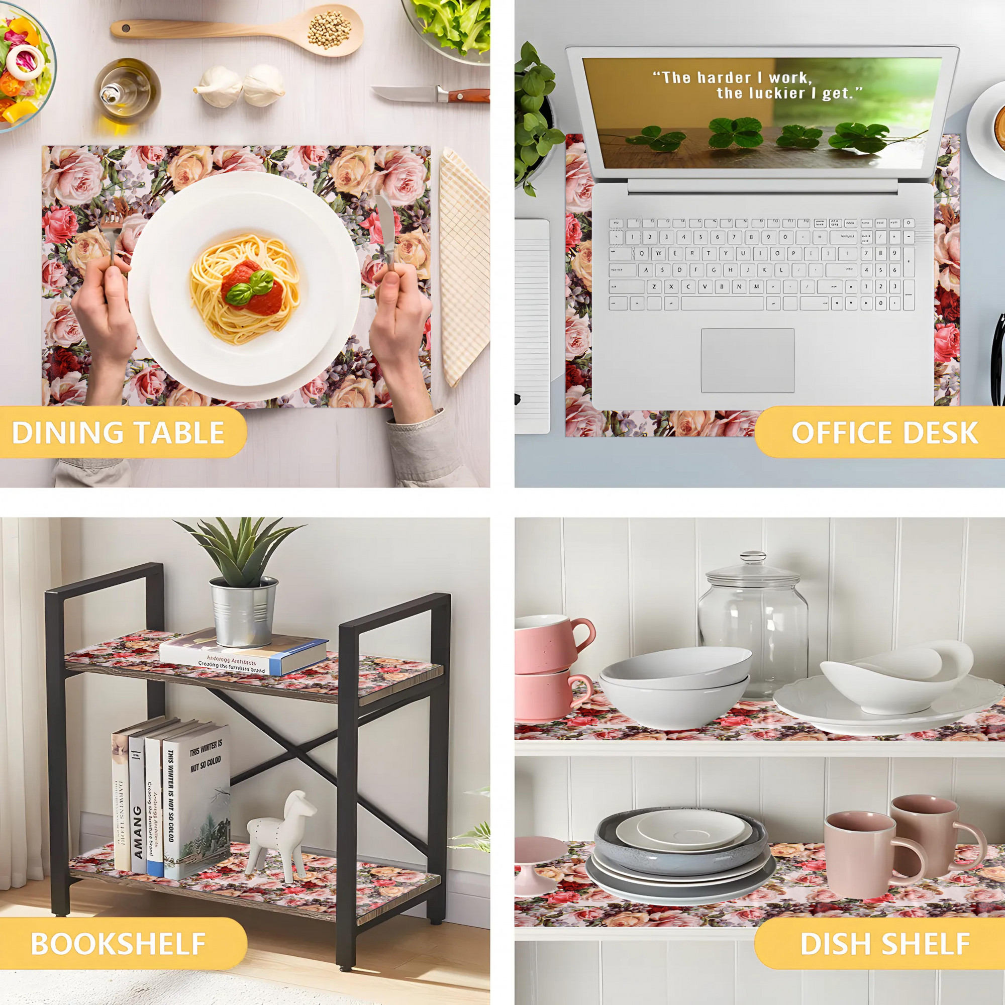 Kuber Industries 5 Meters Waterproof  Durable Kitchen Mats for Shelf Liner Roll  Wipeable Fridge Sheets for Shelves Cabinet Drawer  Pink  Yellow Roses