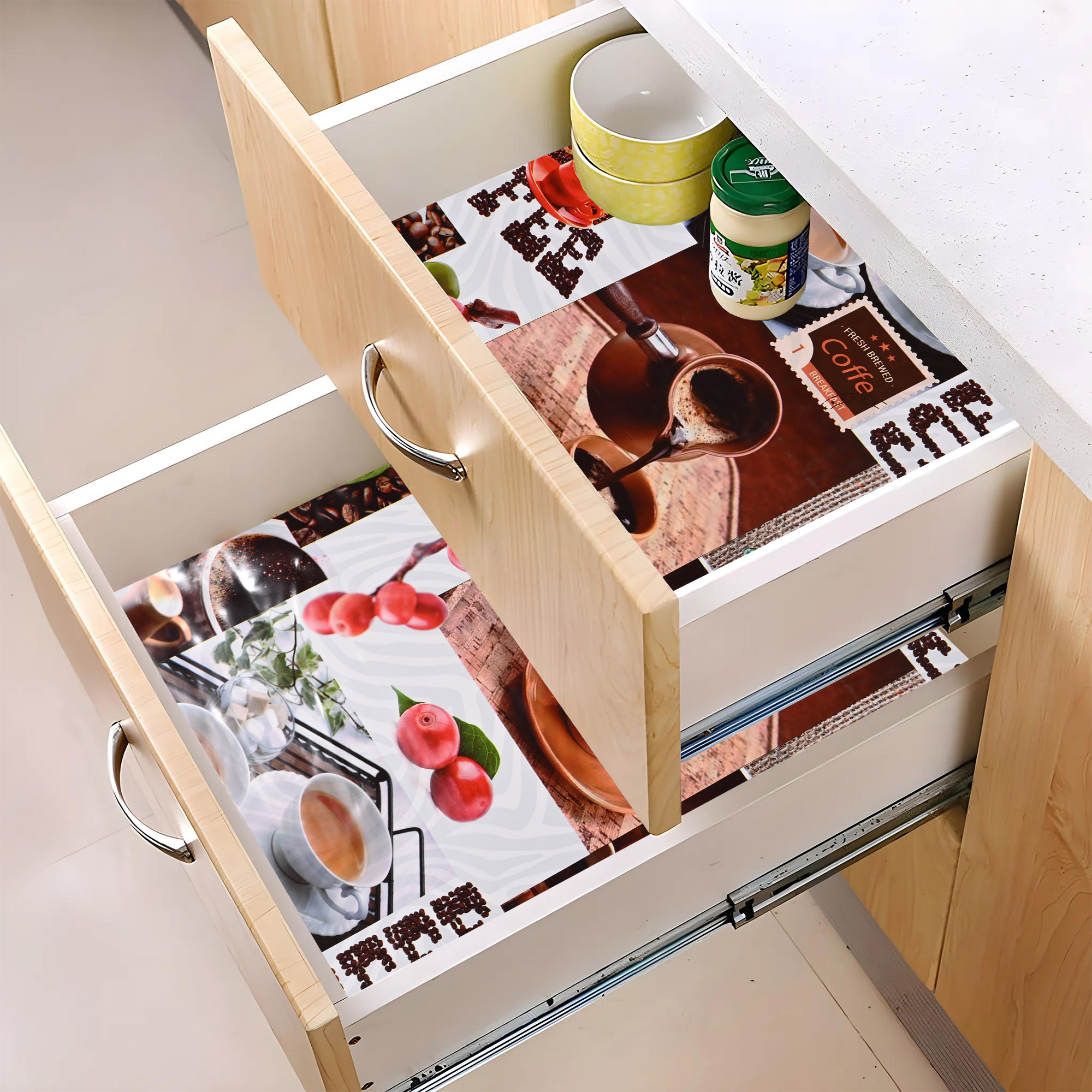 Kuber Industries 5 Meters Waterproof  Durable Kitchen Mats for Shelf Liner Roll  Wipeable Fridge Sheets for Shelves Cabinet Drawer  Tea Print - Beige  Brown