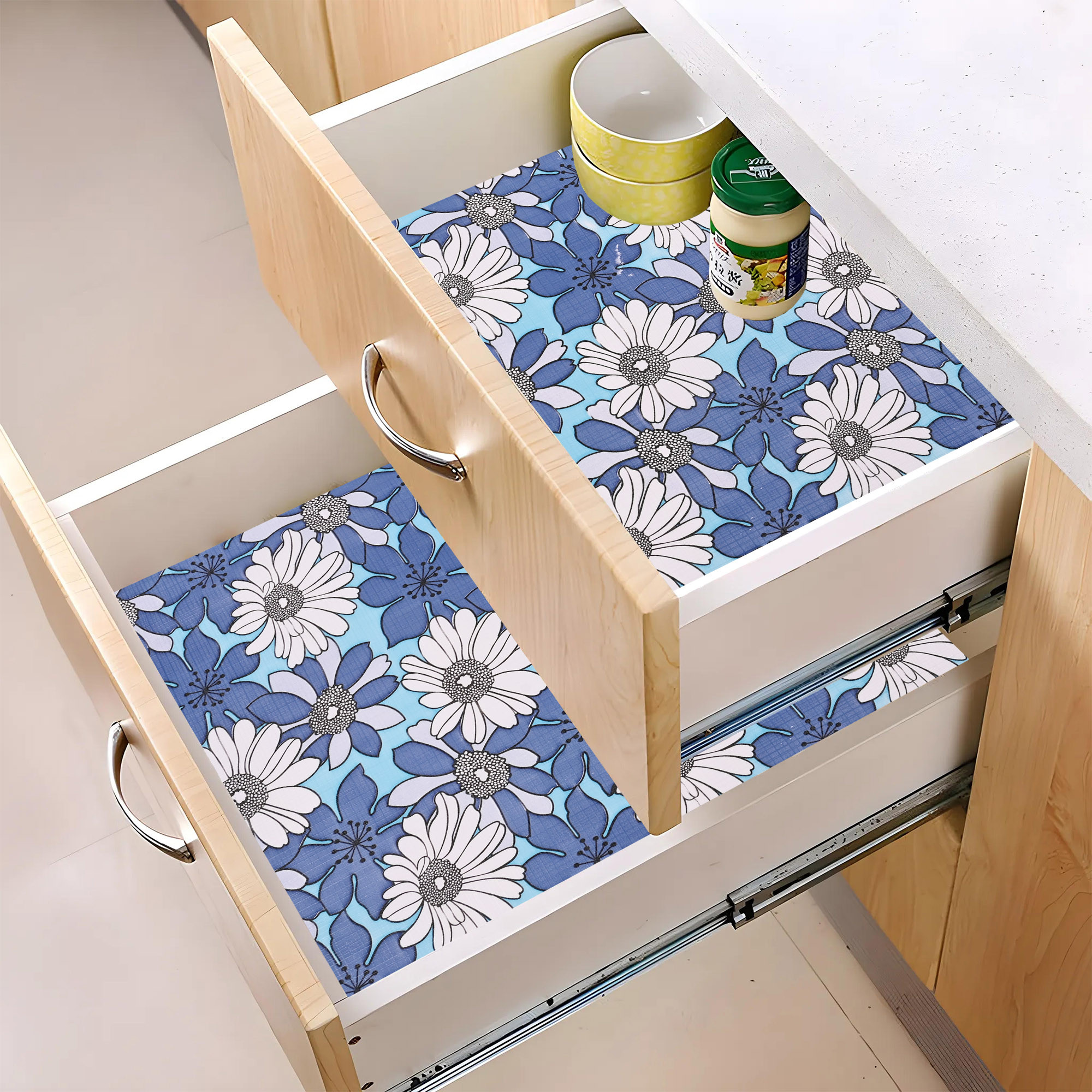 Kuber Industries 5 Meters Waterproof  Durable Kitchen Mats for Shelf Liner Roll  Wipeable Fridge Sheets for Shelves Cabinet Drawer  White  Blue Flowers - Sky Blue