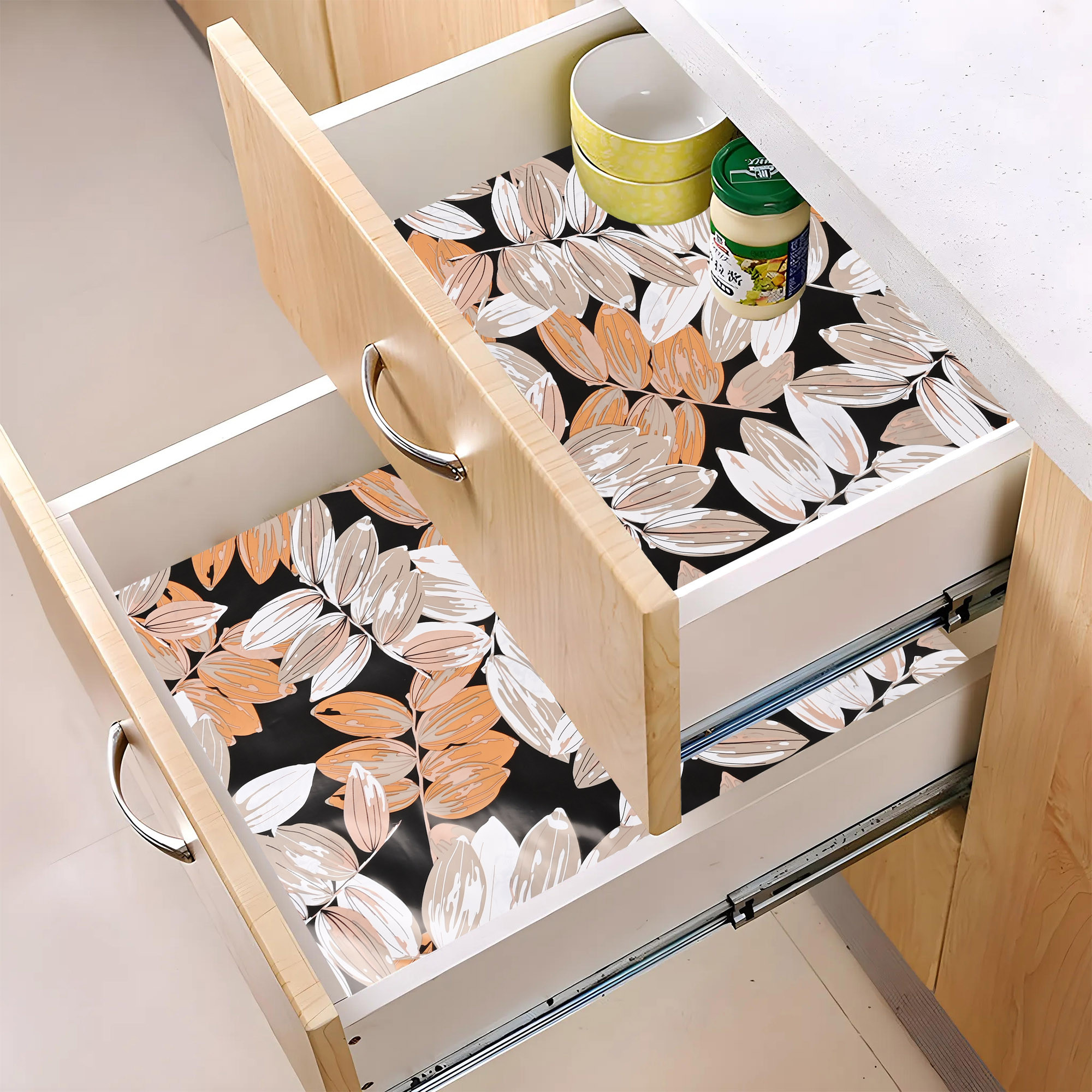 Kuber Industries 5 Meters Waterproof  Durable Kitchen Mats for Shelf Liner Roll  Wipeable Fridge Sheets for Shelves Cabinet Drawer  Leaf - Grey  Beige