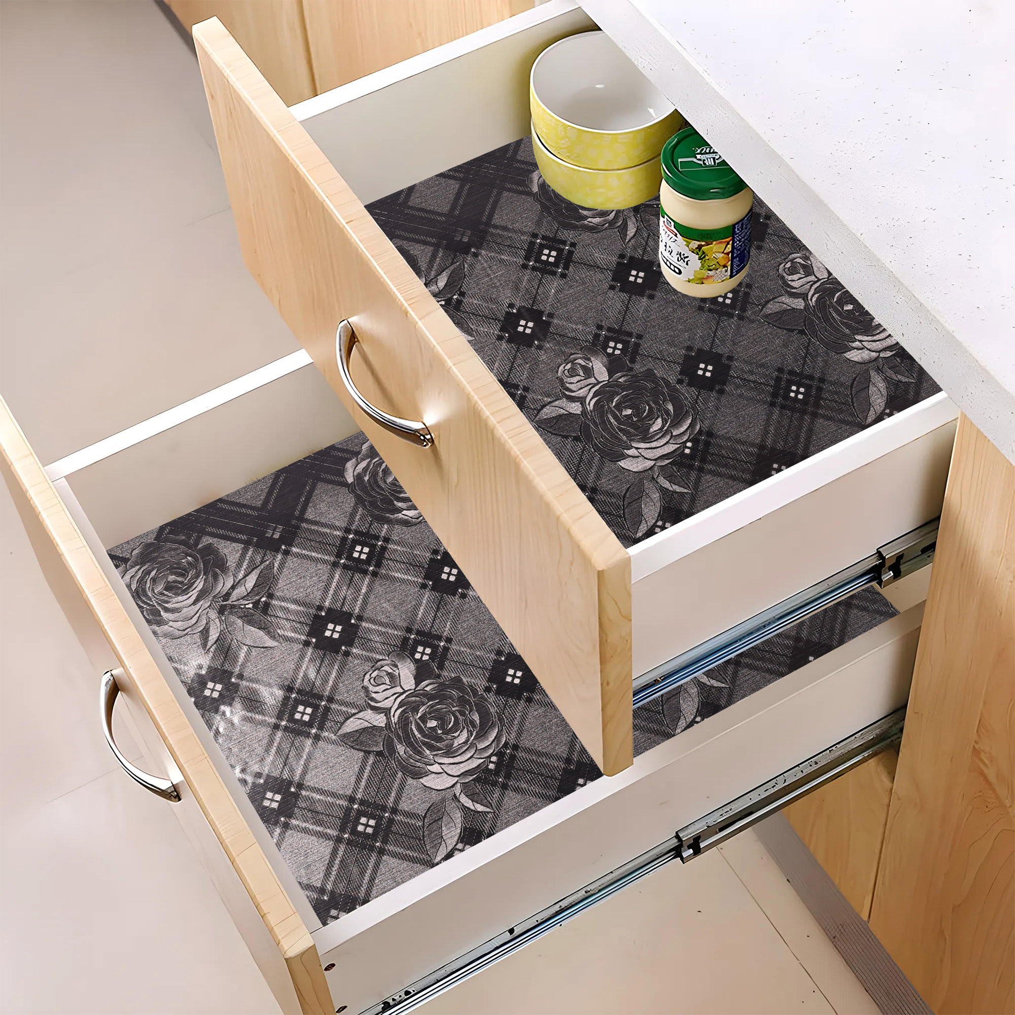 Kuber Industries 5 Meters Waterproof  Durable Kitchen Mats for Shelf Liner Roll  Wipeable Fridge Sheets for Shelves Cabinet Drawer  Roses Print - Brown