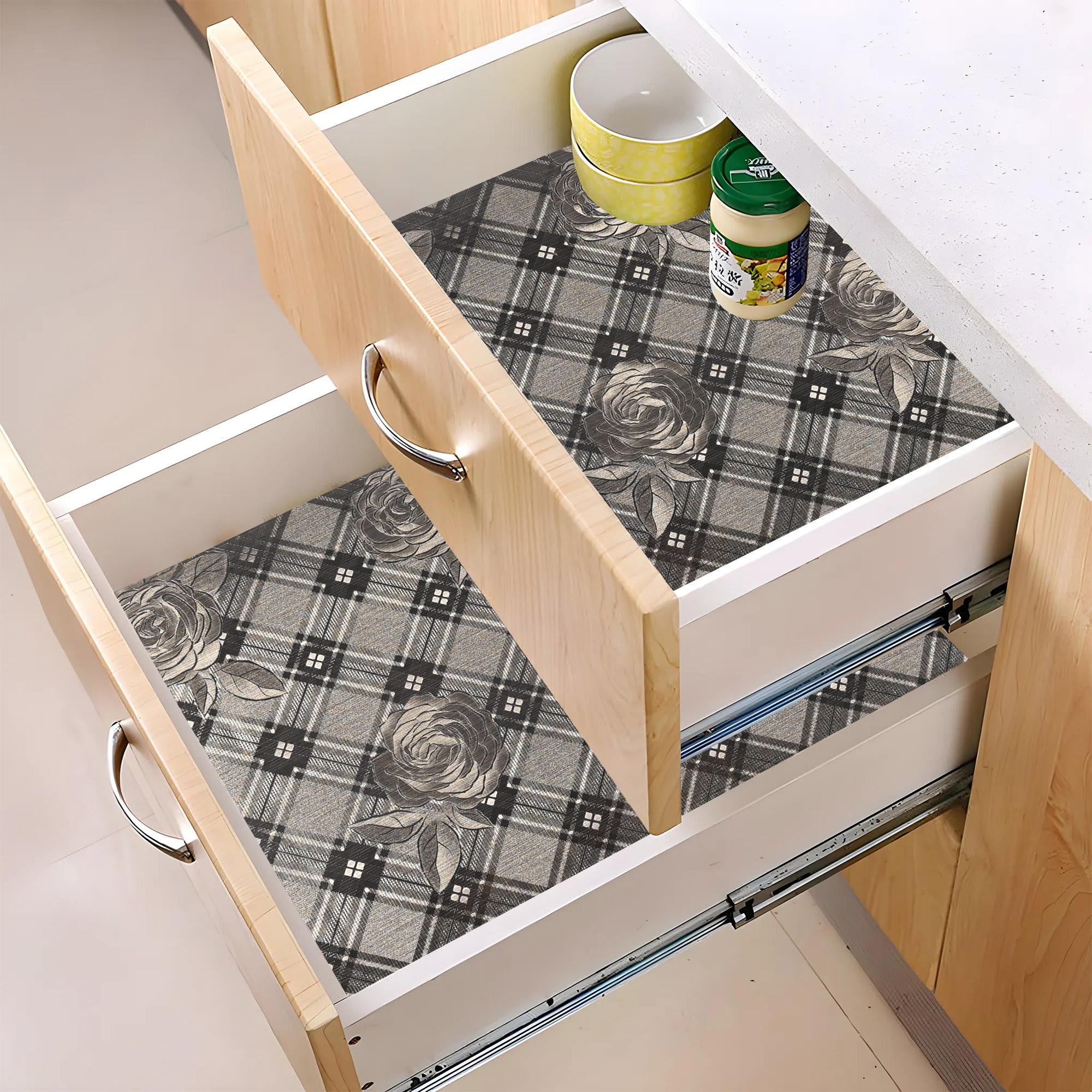 Kuber Industries 5 Meters Waterproof  Durable Kitchen Mats for Shelf Liner Roll  Wipeable Fridge Sheets for Shelves Cabinet Drawer  Roses Print - Golden