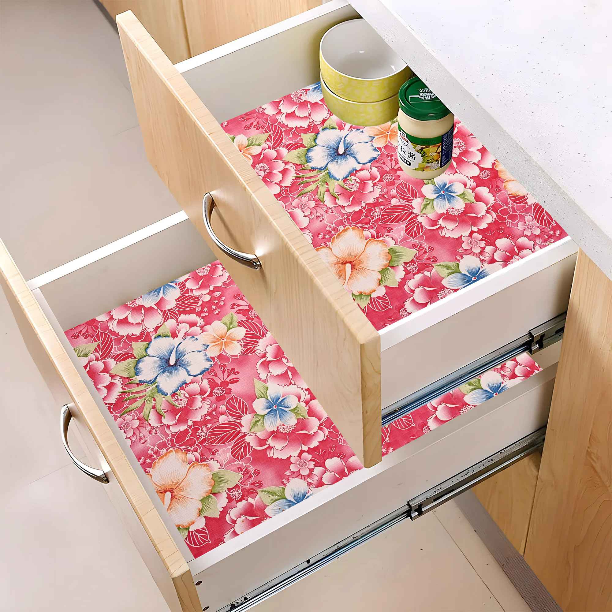 Kuber Industries 5 Meters Waterproof  Durable Kitchen Mats for Shelf Liner Roll  Wipeable Fridge Sheets for Shelves Cabinet Drawer  Flower Print - Red