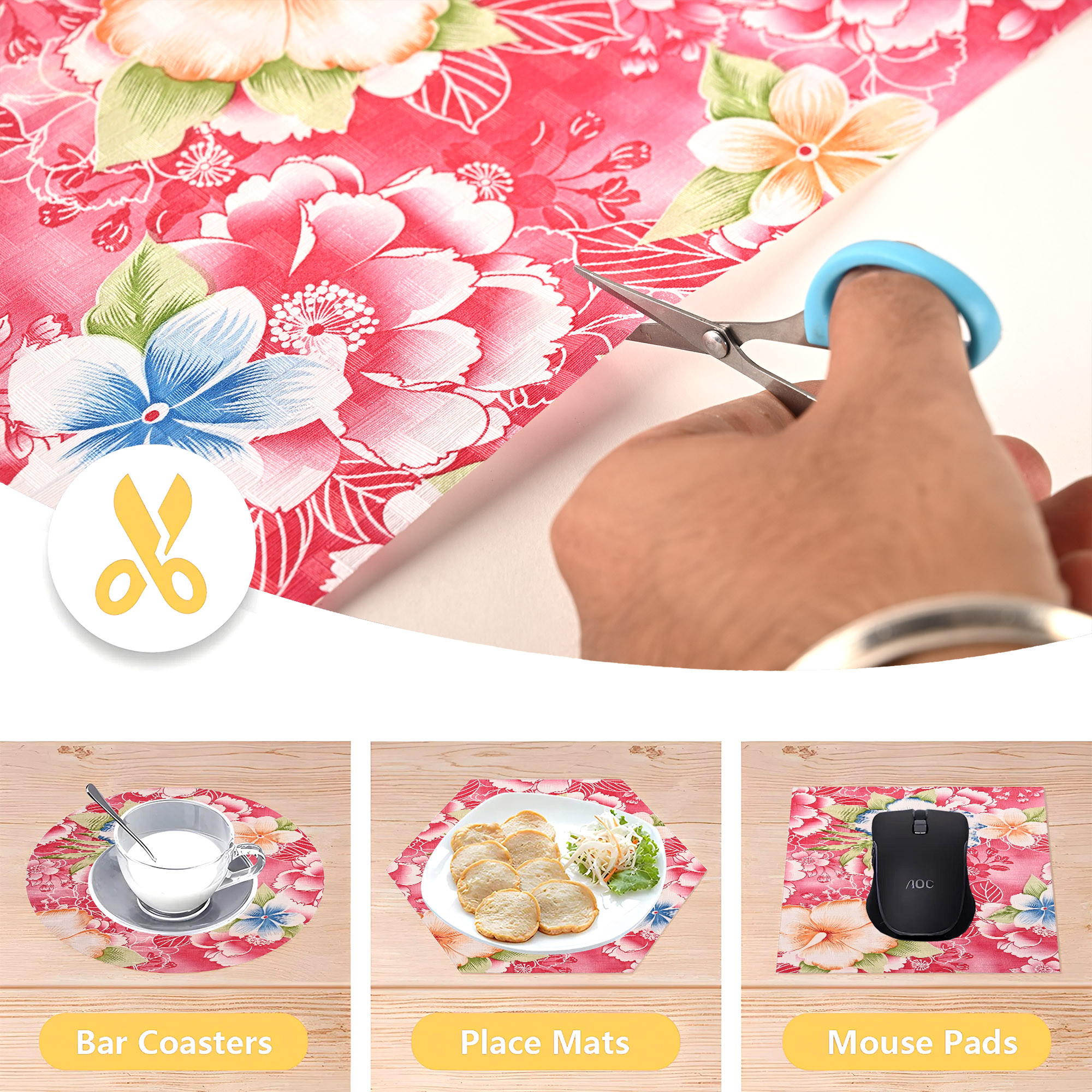 Kuber Industries 5 Meters Waterproof  Durable Kitchen Mats for Shelf Liner Roll  Wipeable Fridge Sheets for Shelves Cabinet Drawer  Flower Print - Red