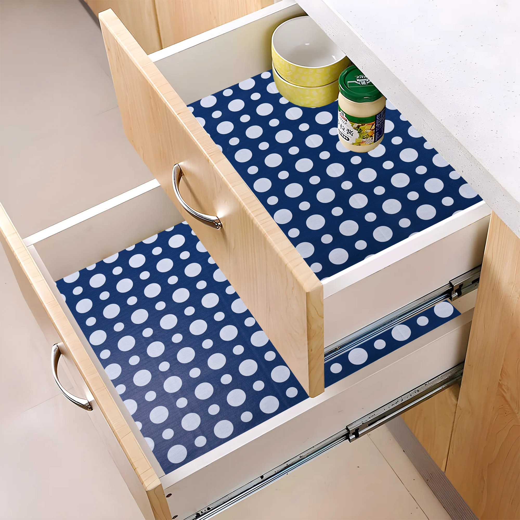 Kuber Industries 5 Meters Waterproof  Durable Kitchen Mats for Shelf Liner Roll  Wipeable Fridge Sheets for Shelves Cabinet Drawer  White Polka Dot - Navy Blue