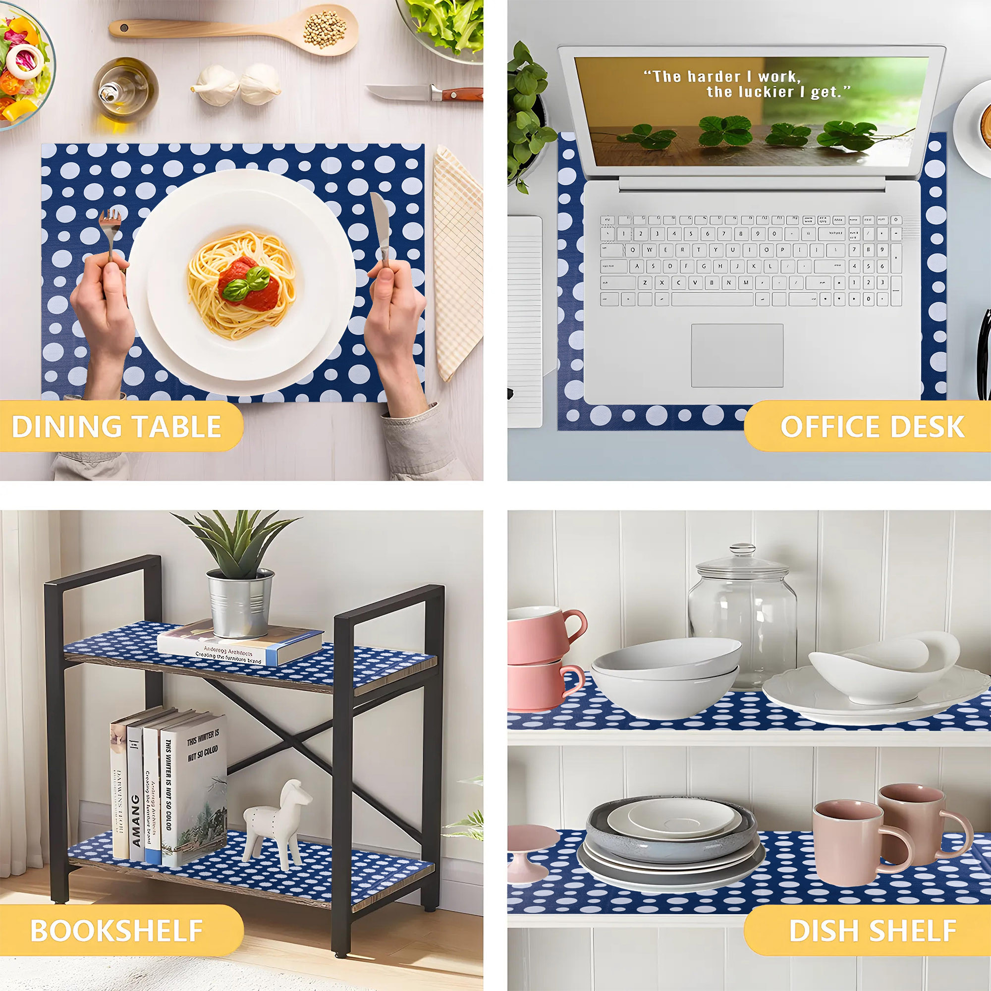 Kuber Industries 5 Meters Waterproof  Durable Kitchen Mats for Shelf Liner Roll  Wipeable Fridge Sheets for Shelves Cabinet Drawer  White Polka Dot - Navy Blue