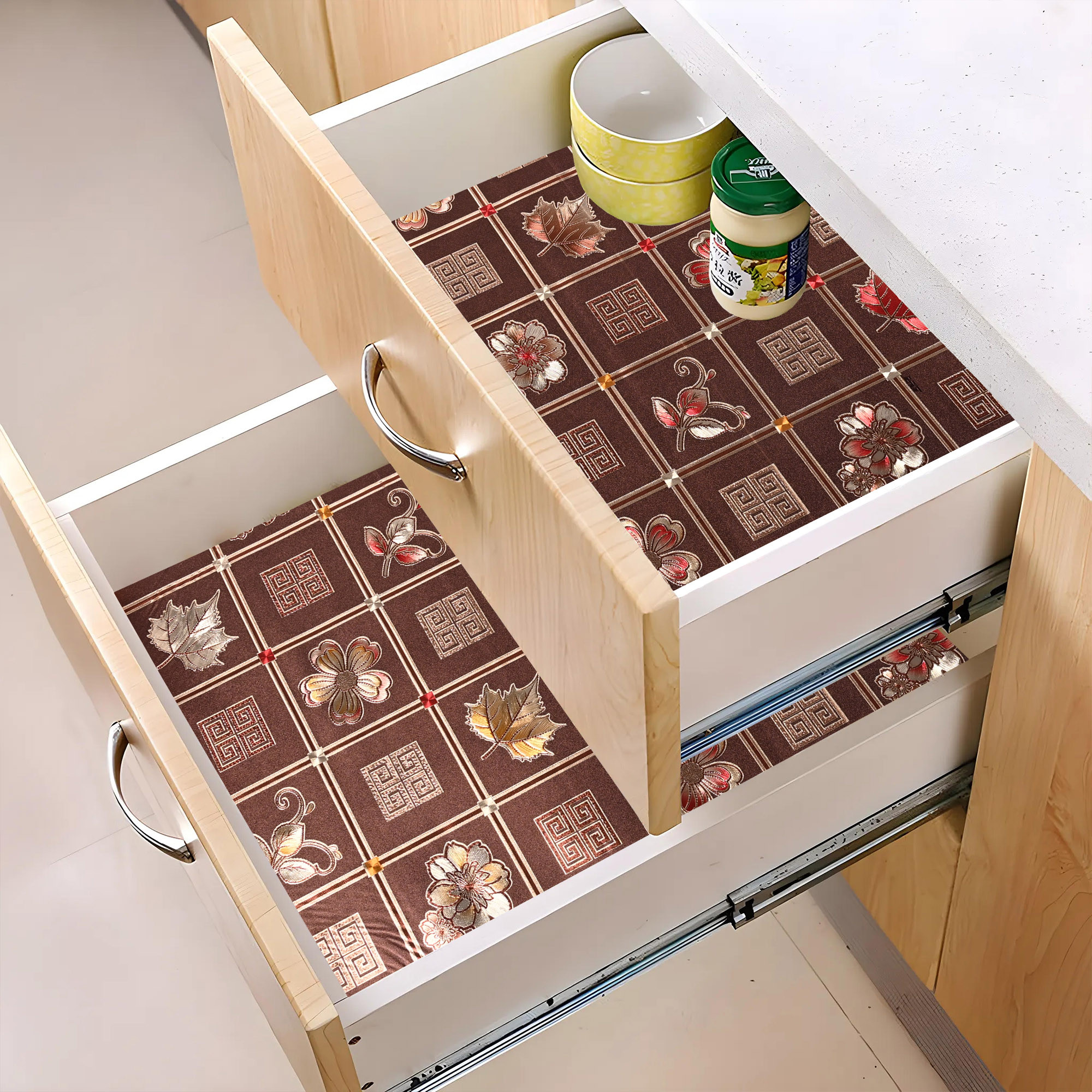 Kuber Industries 5 Meters Waterproof  Durable Kitchen Mats for Shelf Liner Roll  Wipeable Fridge Sheets for Shelves Cabinet Drawer  Golden Print - Dark Brown