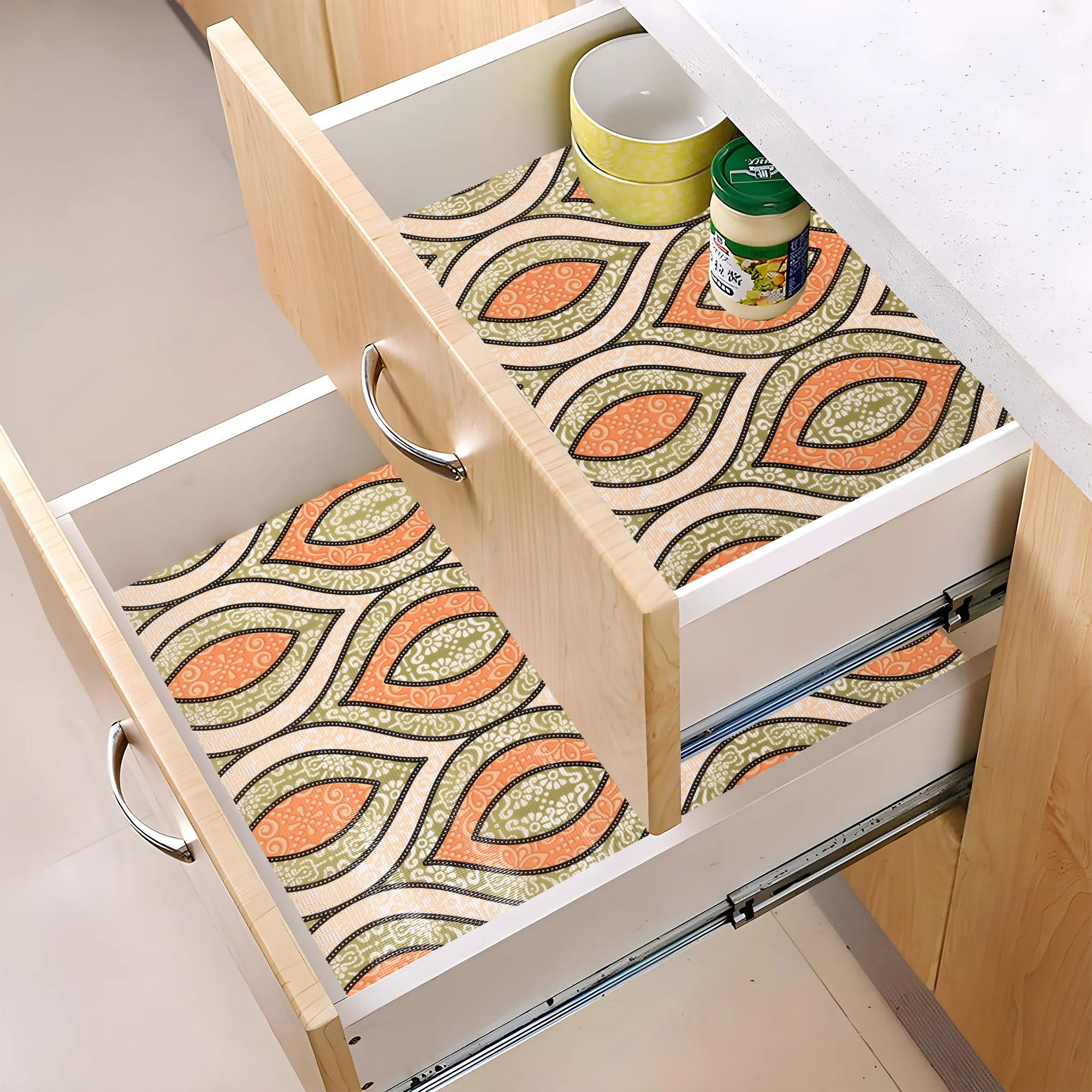 Kuber Industries 5 Meters Waterproof  Durable Kitchen Mats for Shelf Liner Roll  Wipeable Fridge Sheets for Shelves Cabinet Drawer  Gripper Design - Green  Orange