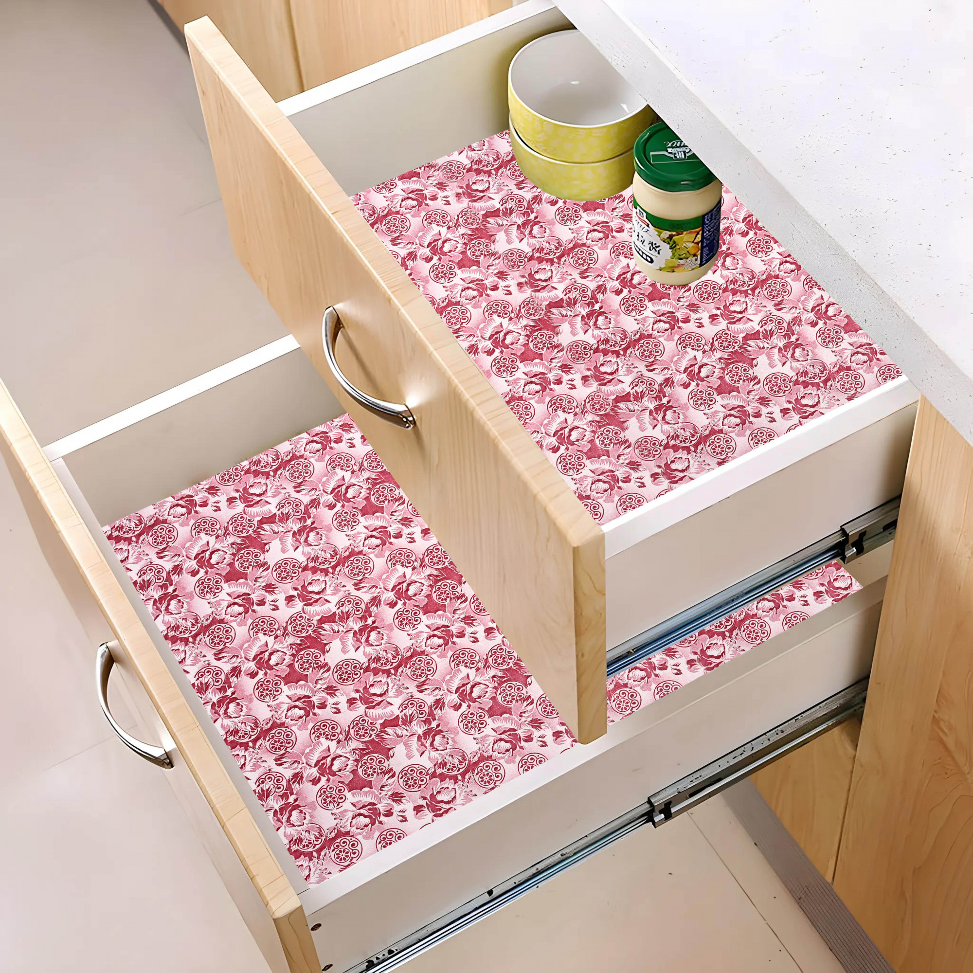 Kuber Industries 5 Meters Waterproof  Durable Kitchen Mats for Shelf Liner Roll  Wipeable Fridge Sheets for Shelves Cabinet Drawer  Maroon Roses - Cream