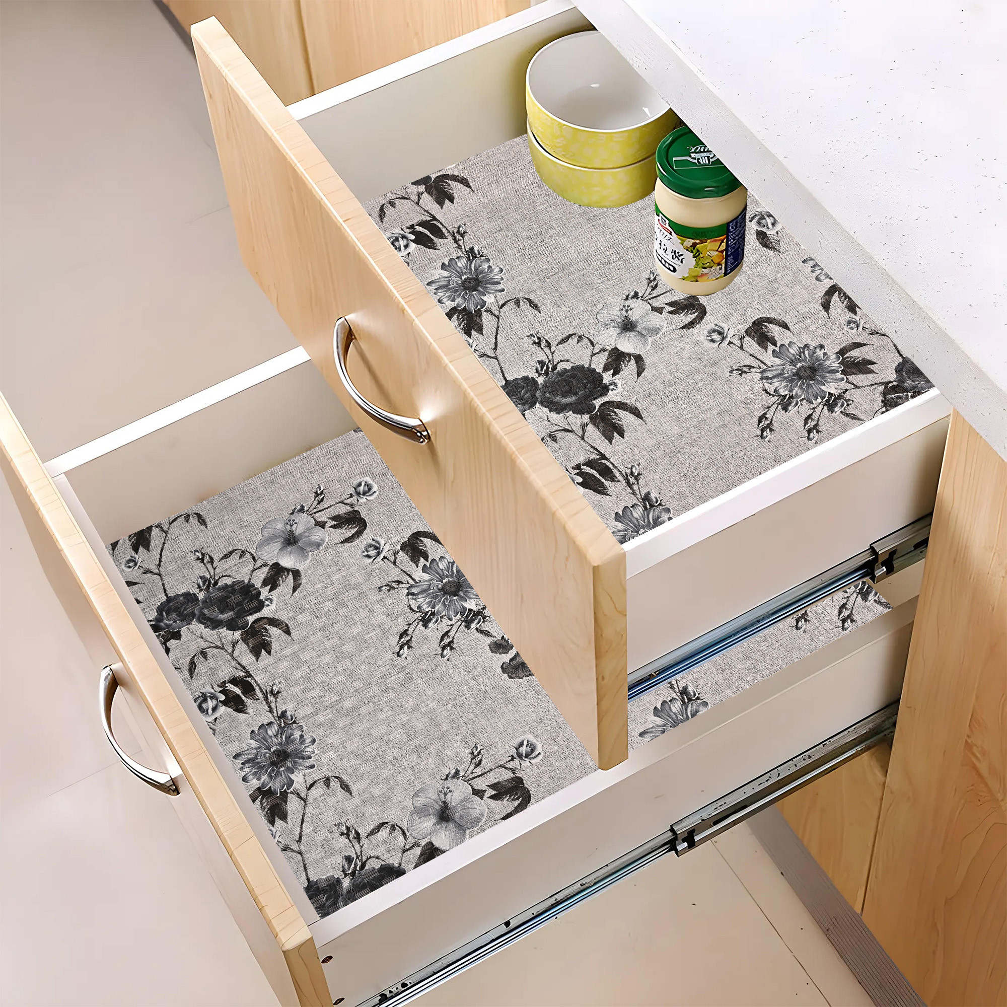 Kuber Industries 5 Meters Waterproof  Durable Kitchen Mats for Shelf Liner Roll  Wipeable Fridge Sheets for Shelves Cabinet Drawer  Flower Print Blue - Grey