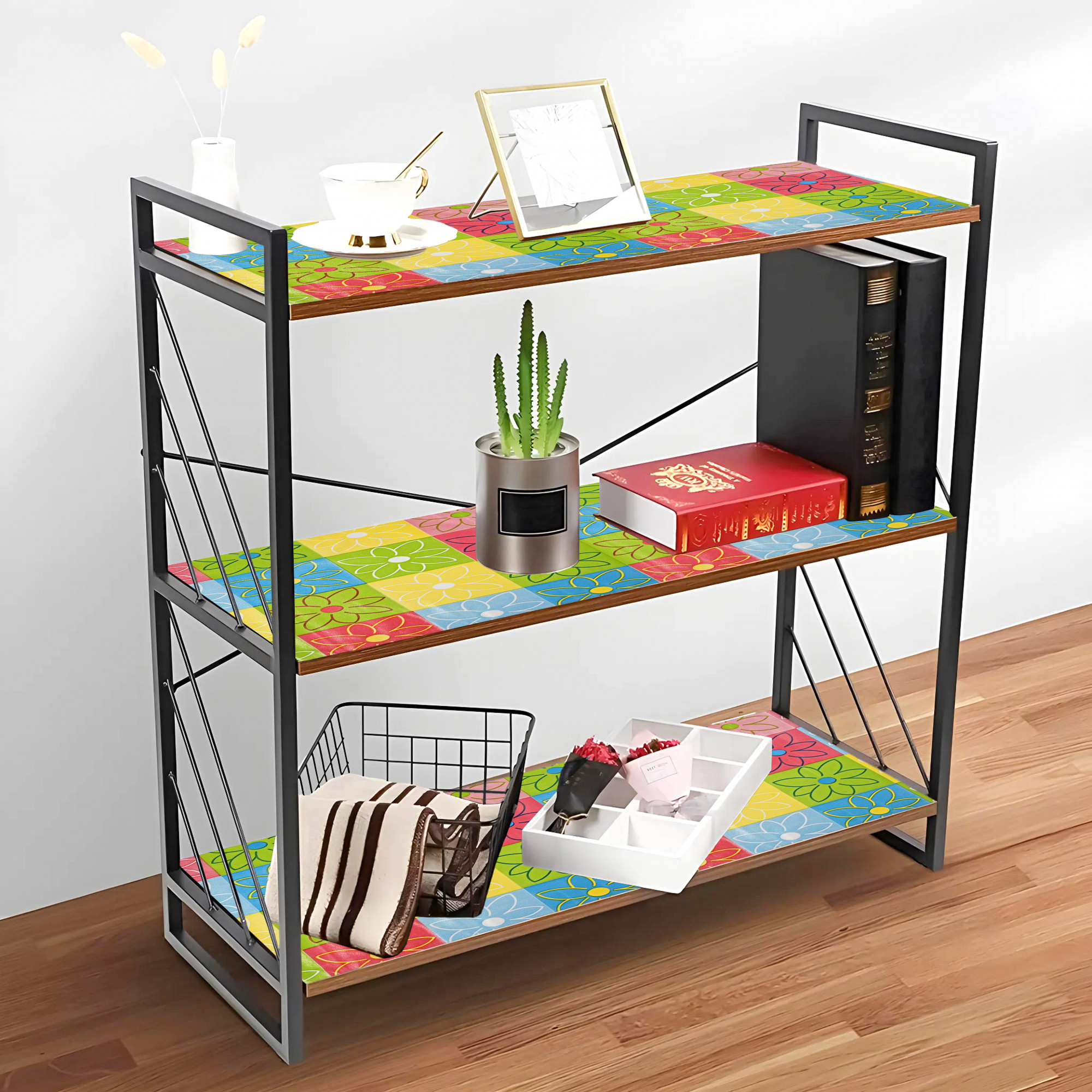 Kuber Industries 5 Meters Waterproof  Durable Kitchen Mats for Shelf Liner Roll  Wipeable Fridge Sheets for Shelves Cabinet Drawer  Flower Check Print - Yellow