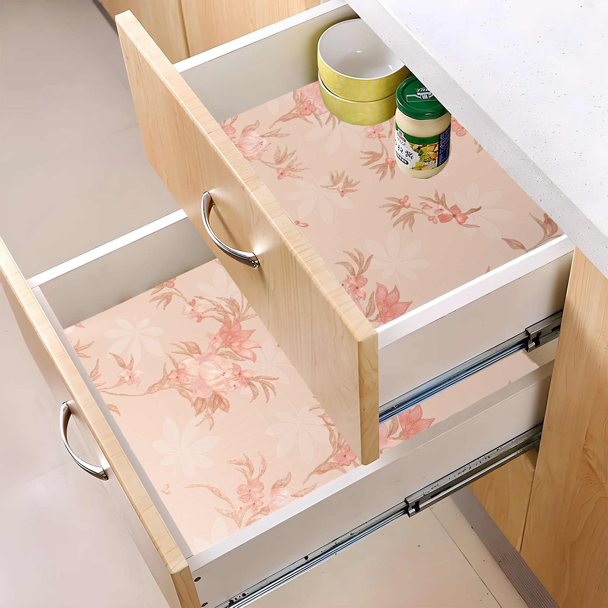 Kuber Industries 5 Meters Waterproof  Durable Kitchen Mats for Shelf Liner Roll  Wipeable Fridge Sheets for Shelves Cabinet Drawer  Flower Print Orange - Cream