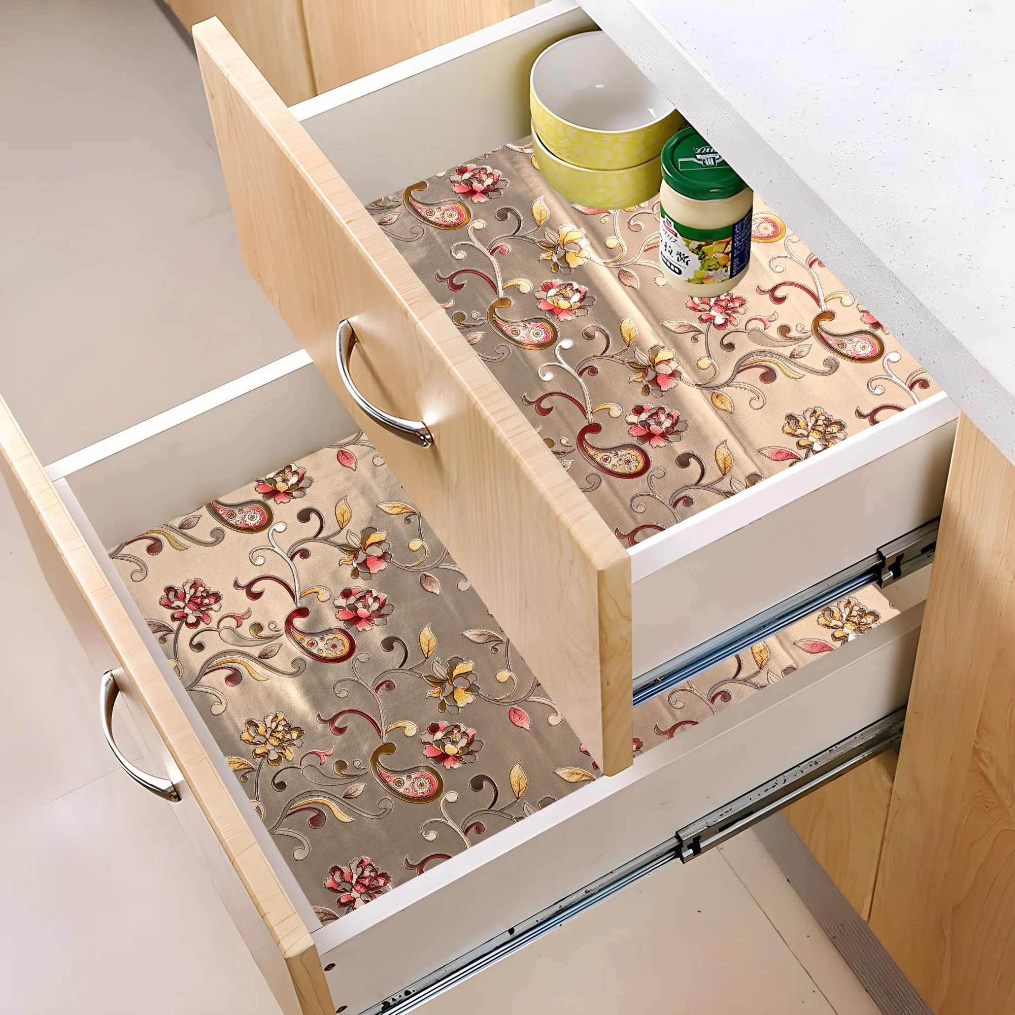 Kuber Industries 5 Meters Waterproof  Durable Kitchen Mats for Shelf Liner Roll  Wipeable Fridge Sheets for Shelves Cabinet Drawer  Red Flower - Golden