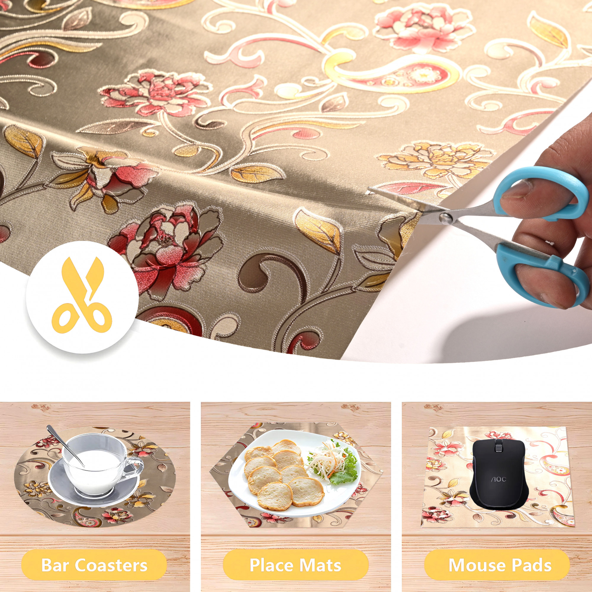 Kuber Industries 5 Meters Waterproof  Durable Kitchen Mats for Shelf Liner Roll  Wipeable Fridge Sheets for Shelves Cabinet Drawer  Red Flower - Golden