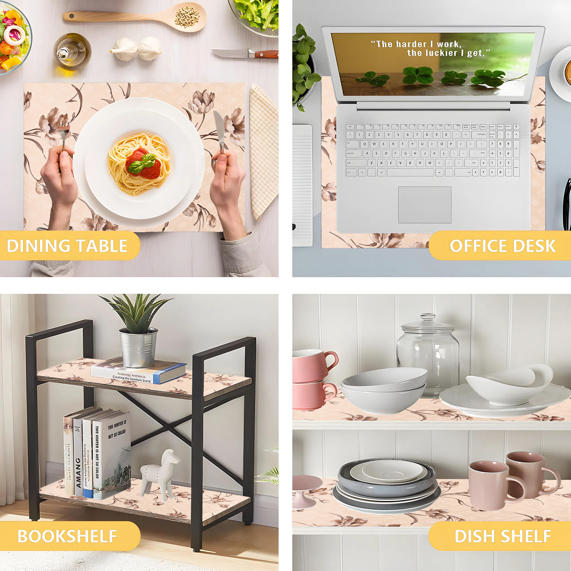 Kuber Industries 5 Meters Waterproof  Durable Kitchen Mats for Shelf Liner Roll  Wipeable Fridge Sheets for Shelves Cabinet Drawer  Brown Flowers Print - Cream