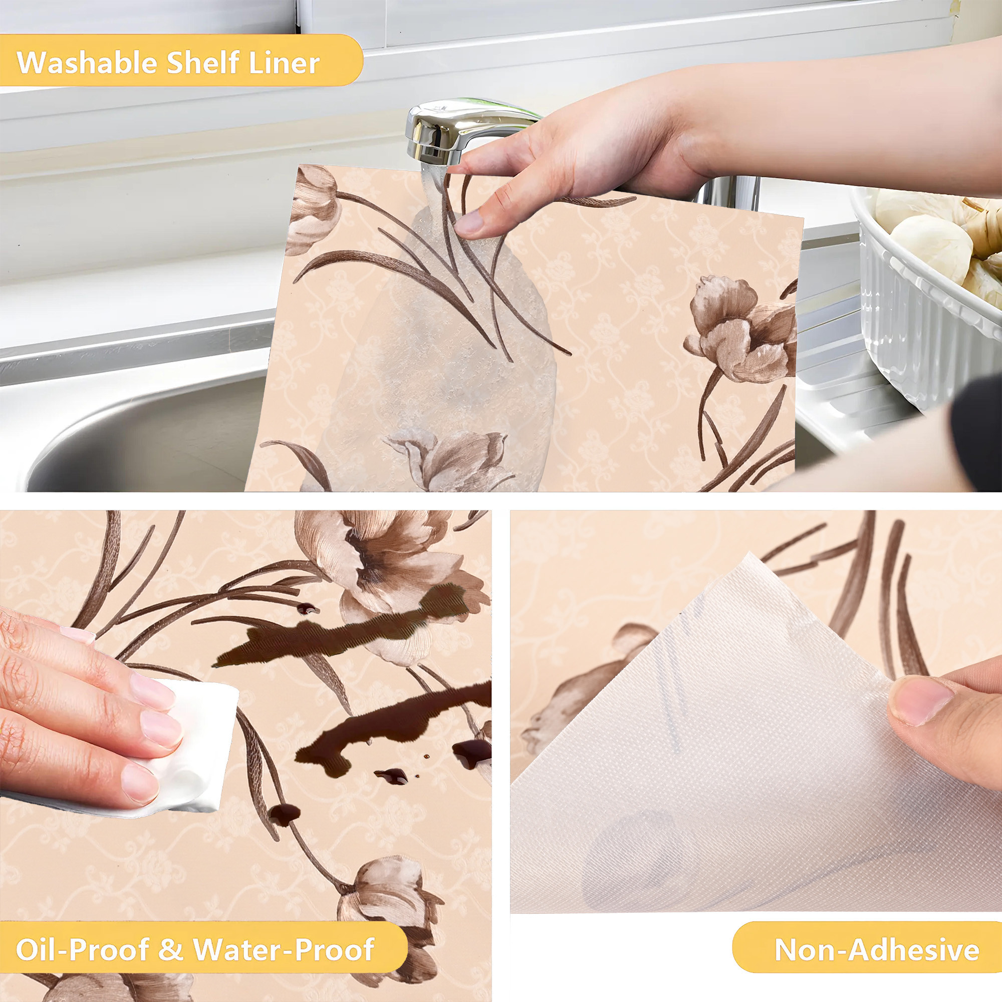 Kuber Industries 5 Meters Waterproof  Durable Kitchen Mats for Shelf Liner Roll  Wipeable Fridge Sheets for Shelves Cabinet Drawer  Brown Flowers Print - Cream