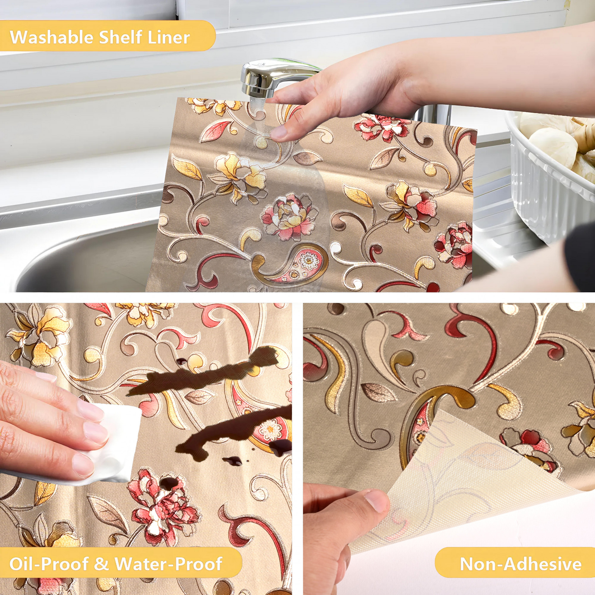Kuber Industries 5 Meters Waterproof  Durable Kitchen Mats for Shelf Liner Roll  Wipeable Fridge Sheets for Shelves Cabinet Drawer  Red Flower - Golden