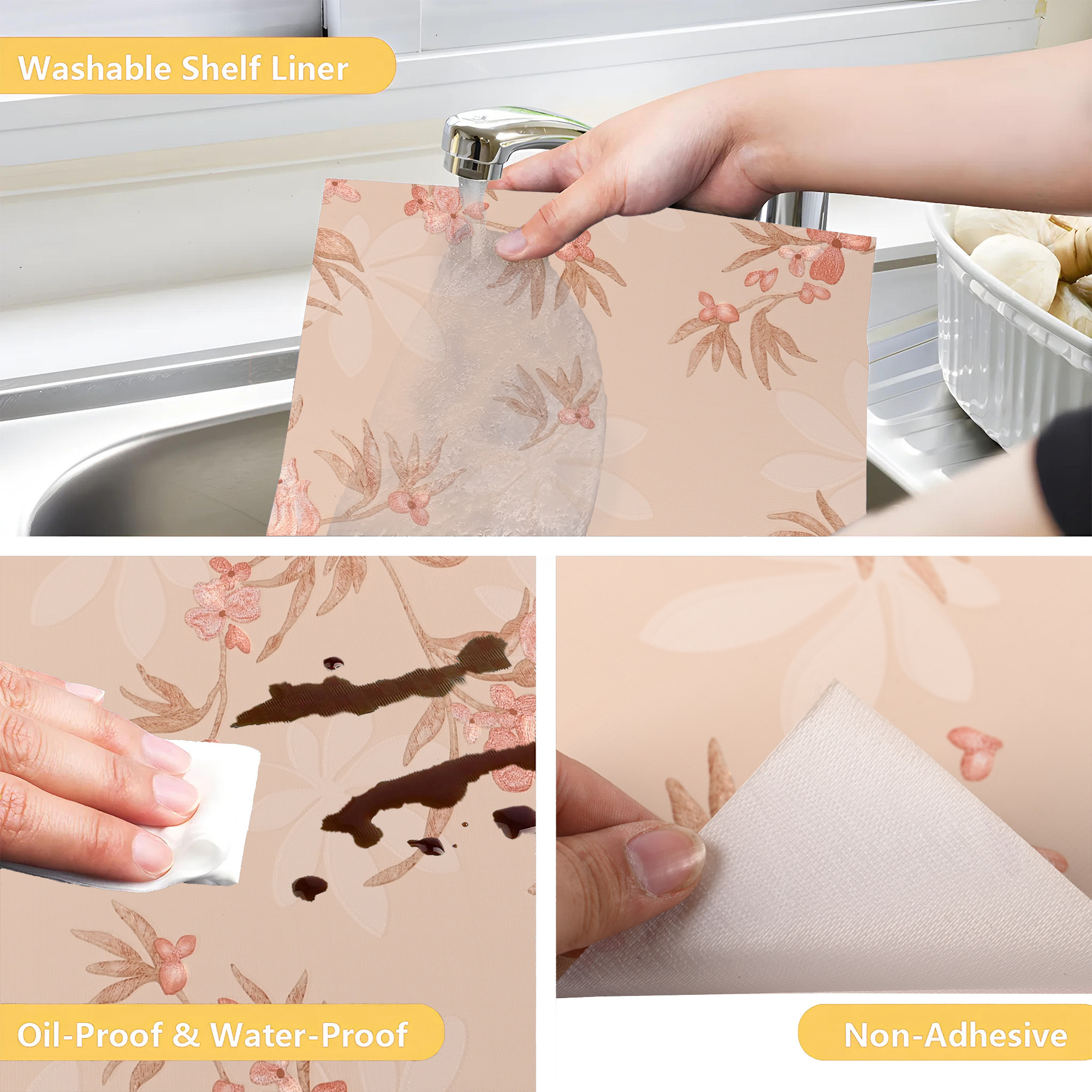 Kuber Industries 5 Meters Waterproof  Durable Kitchen Mats for Shelf Liner Roll  Wipeable Fridge Sheets for Shelves Cabinet Drawer  Flower Print Orange - Cream