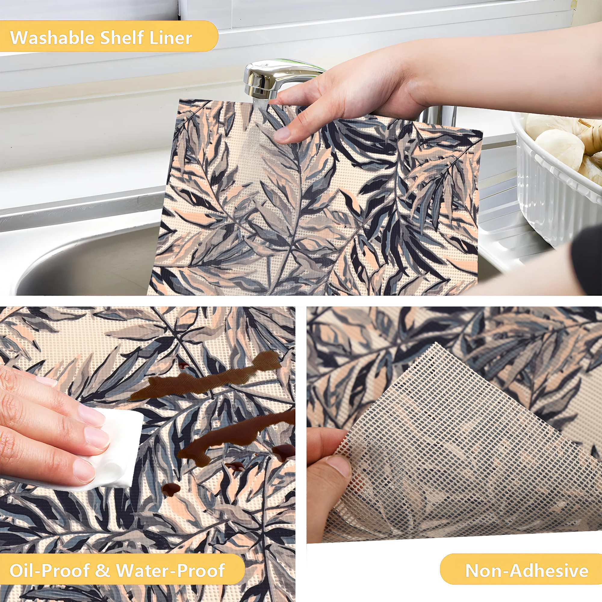 Kuber Industries 5 Meters Waterproof  Durable Kitchen Mats for Shelf Liner Roll  Wipeable Fridge Sheets for Shelves Cabinet Drawer  Blue Leaf - Cream