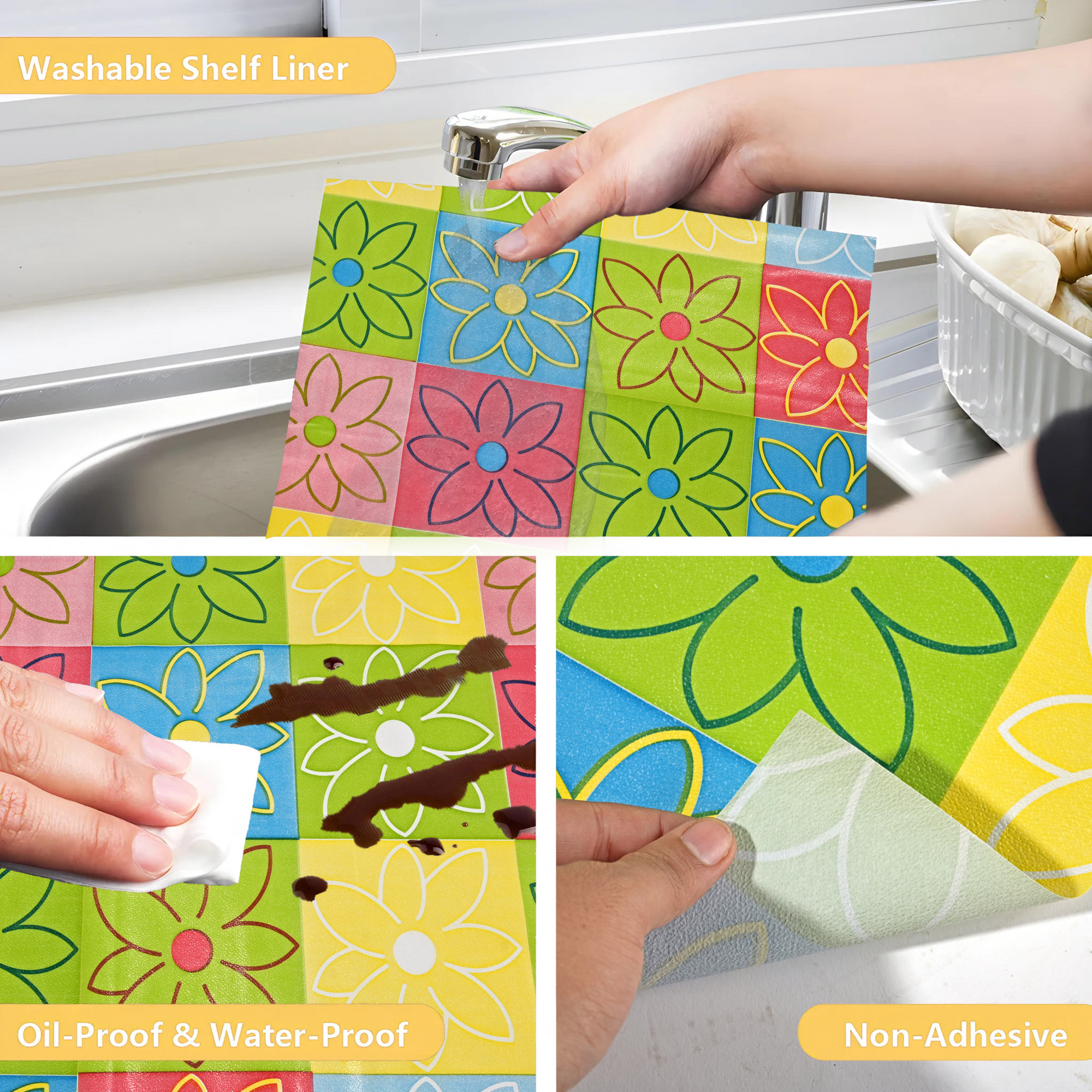 Kuber Industries 5 Meters Waterproof  Durable Kitchen Mats for Shelf Liner Roll  Wipeable Fridge Sheets for Shelves Cabinet Drawer  Flower Check Print - Yellow