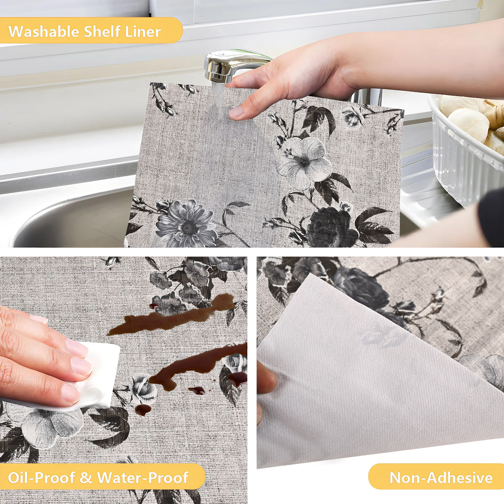 Kuber Industries 5 Meters Waterproof  Durable Kitchen Mats for Shelf Liner Roll  Wipeable Fridge Sheets for Shelves Cabinet Drawer  Flower Print Blue - Grey