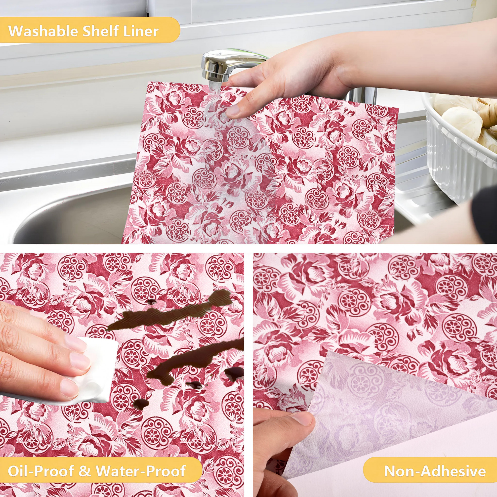 Kuber Industries 5 Meters Waterproof  Durable Kitchen Mats for Shelf Liner Roll  Wipeable Fridge Sheets for Shelves Cabinet Drawer  Maroon Roses - Cream