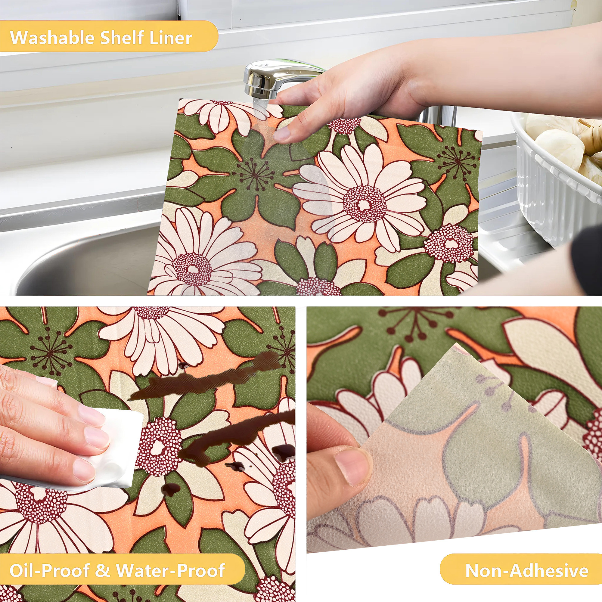 Kuber Industries 5 Meters Waterproof  Durable Kitchen Mats for Shelf Liner Roll  Wipeable Fridge Sheets for Shelves Cabinet Drawer  White  Green Flowers - Orange