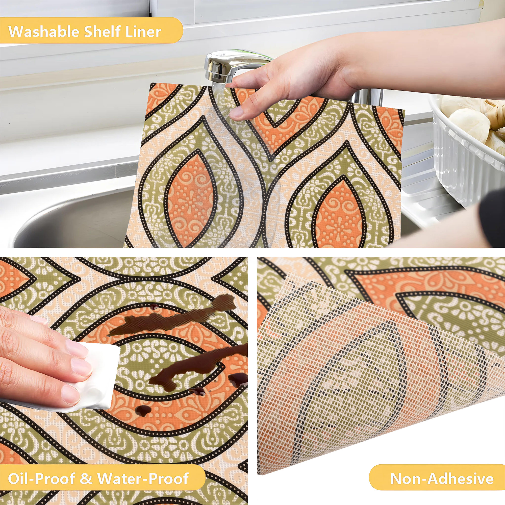 Kuber Industries 5 Meters Waterproof  Durable Kitchen Mats for Shelf Liner Roll  Wipeable Fridge Sheets for Shelves Cabinet Drawer  Gripper Design - Green  Orange