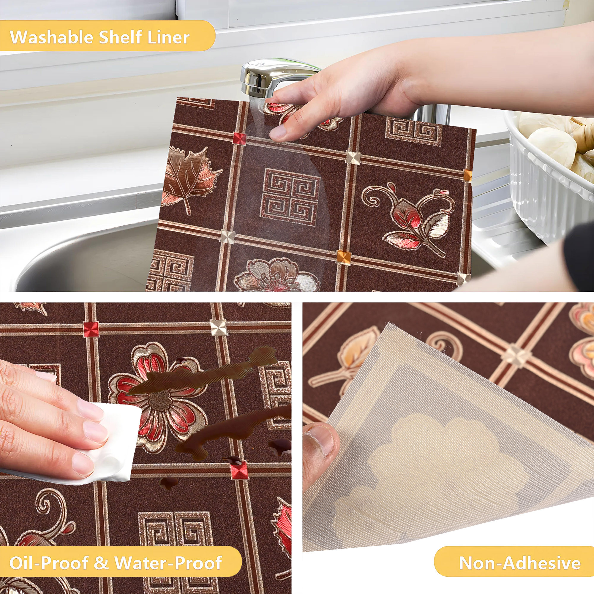 Kuber Industries 5 Meters Waterproof  Durable Kitchen Mats for Shelf Liner Roll  Wipeable Fridge Sheets for Shelves Cabinet Drawer  Golden Print - Dark Brown