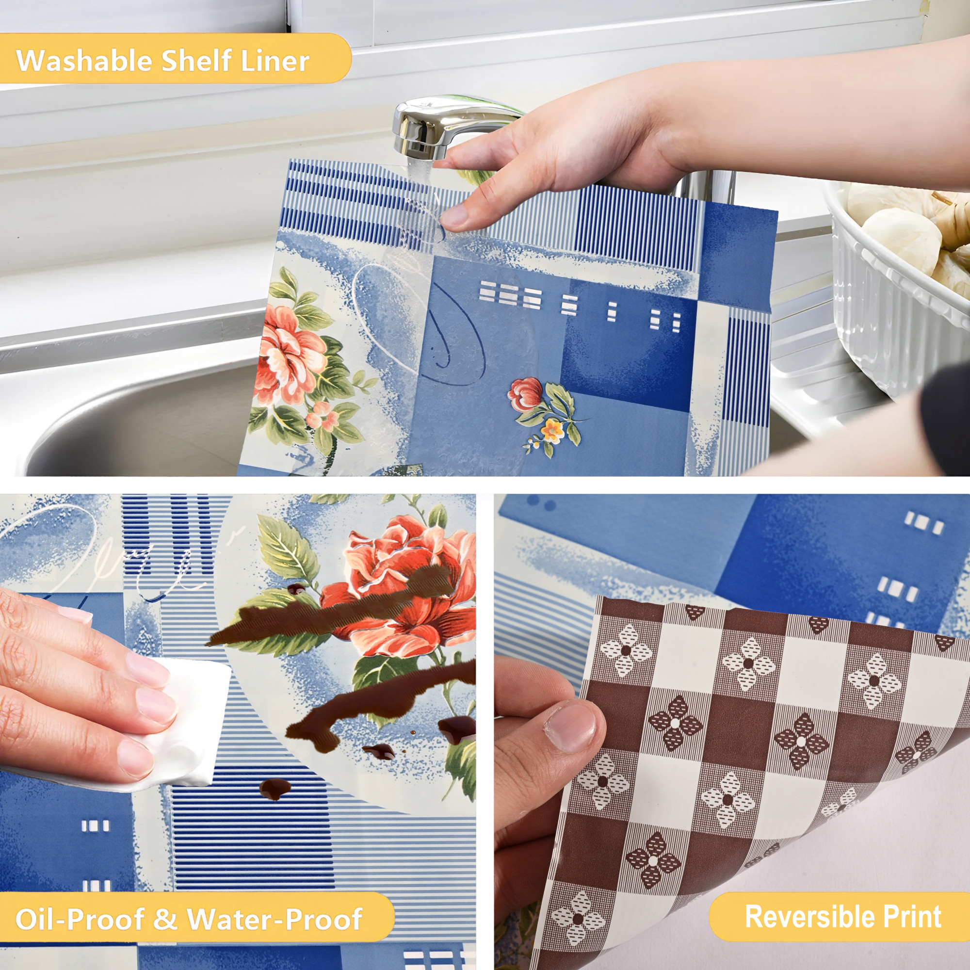 Kuber Industries 5 Meters Waterproof  Durable Kitchen Mats for Shelf Liner Roll  Wipeable Fridge Sheets for Shelves Cabinet Drawer  Orange Rose - Blue