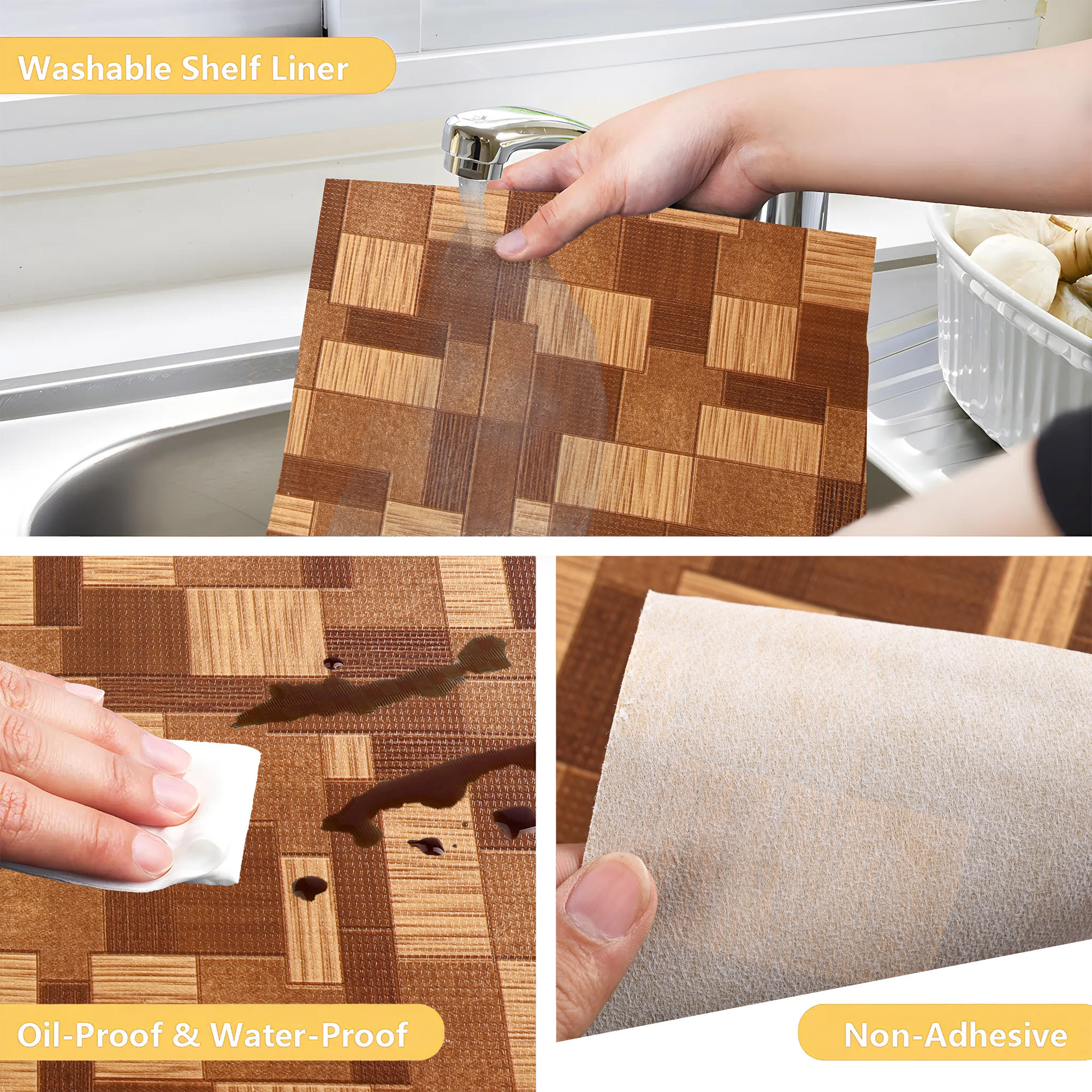 Kuber Industries 5 Meters Waterproof  Durable Kitchen Mats for Shelf Liner Roll  Wipeable Fridge Sheets for Shelves Cabinet Drawer  Dark Brown Wooden Check