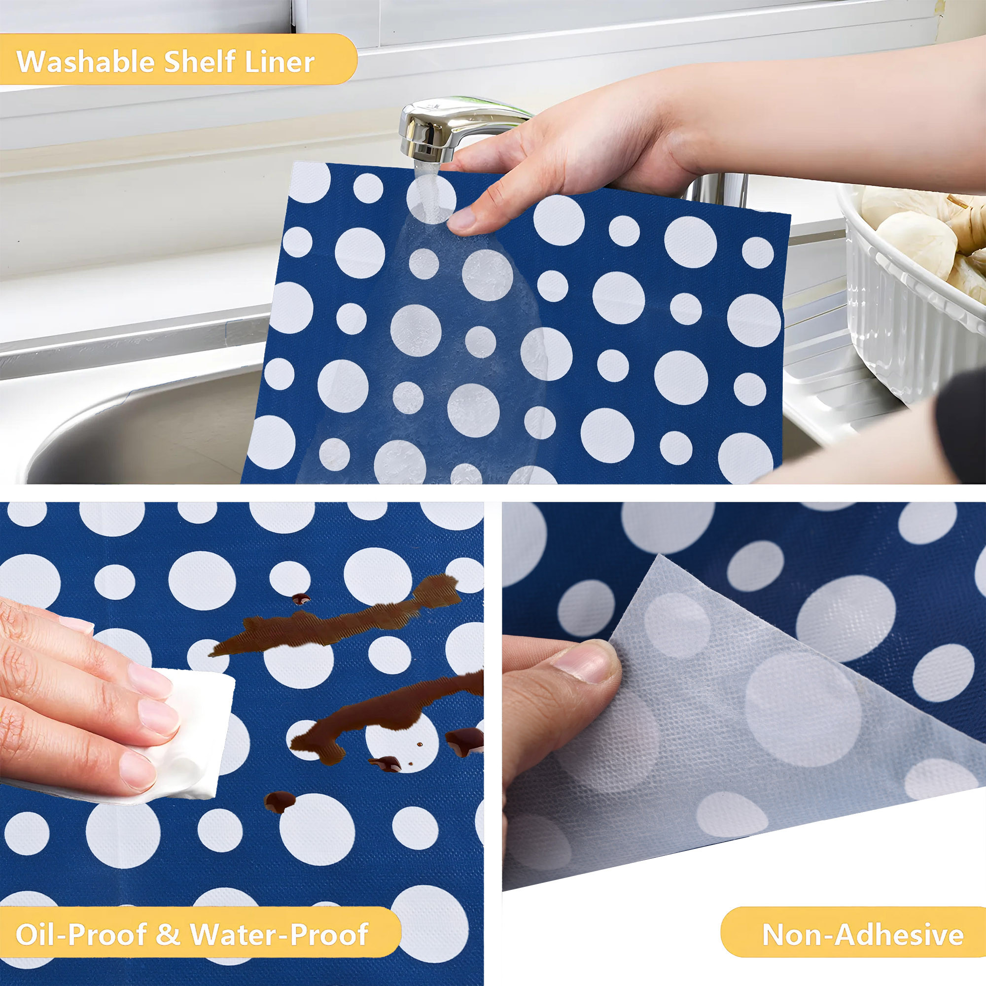 Kuber Industries 5 Meters Waterproof  Durable Kitchen Mats for Shelf Liner Roll  Wipeable Fridge Sheets for Shelves Cabinet Drawer  White Polka Dot - Navy Blue