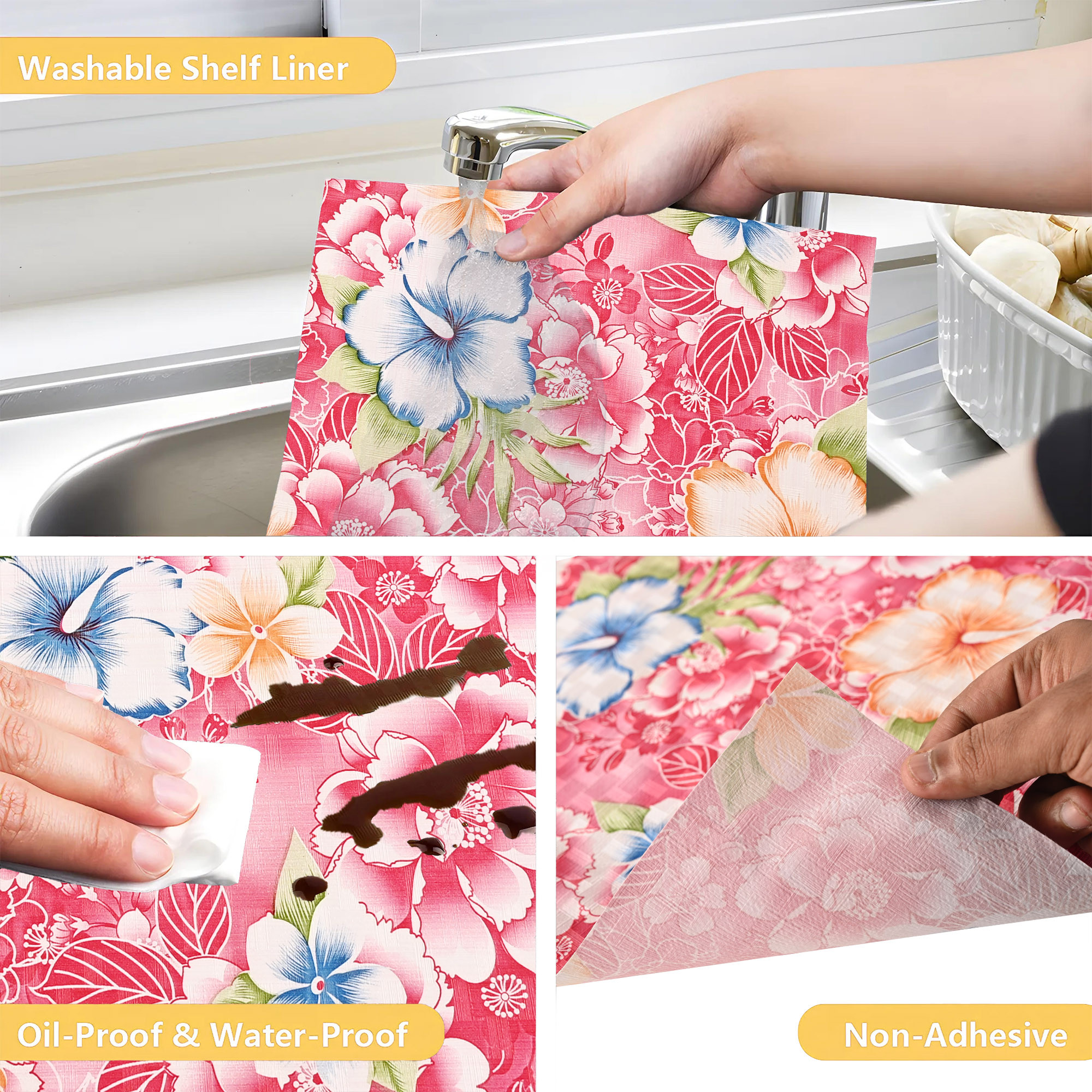 Kuber Industries 5 Meters Waterproof  Durable Kitchen Mats for Shelf Liner Roll  Wipeable Fridge Sheets for Shelves Cabinet Drawer  Flower Print - Red