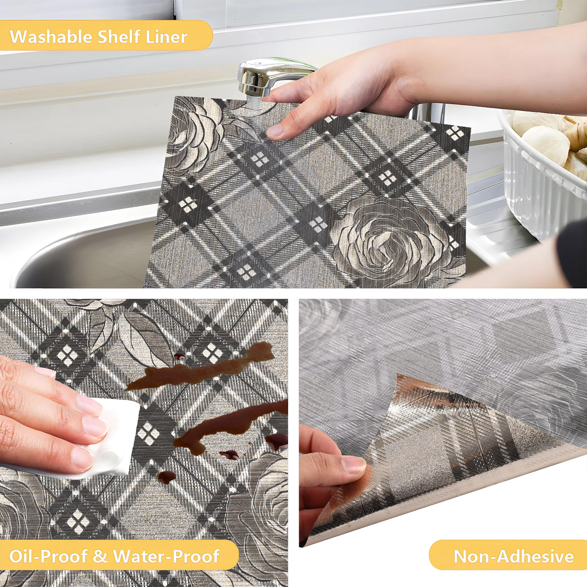 Kuber Industries 5 Meters Waterproof  Durable Kitchen Mats for Shelf Liner Roll  Wipeable Fridge Sheets for Shelves Cabinet Drawer  Roses Print - Golden