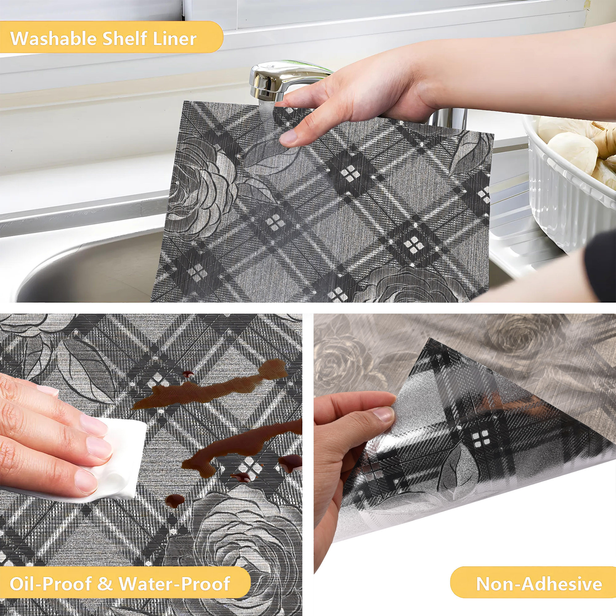 Kuber Industries 5 Meters Waterproof  Durable Kitchen Mats for Shelf Liner Roll  Wipeable Fridge Sheets for Shelves Cabinet Drawer  Roses Print - Silver