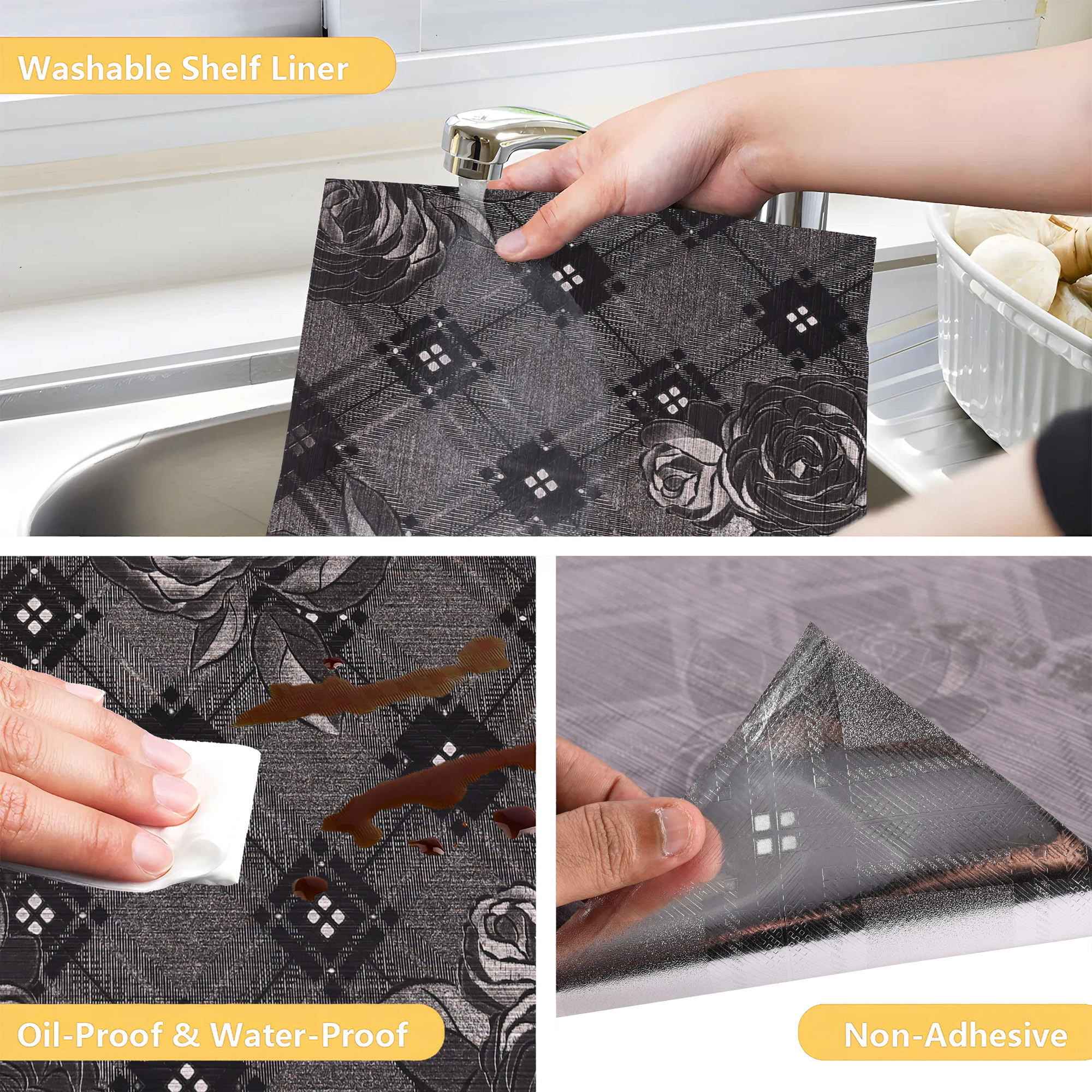 Kuber Industries 5 Meters Waterproof  Durable Kitchen Mats for Shelf Liner Roll  Wipeable Fridge Sheets for Shelves Cabinet Drawer  Roses Print - Brown