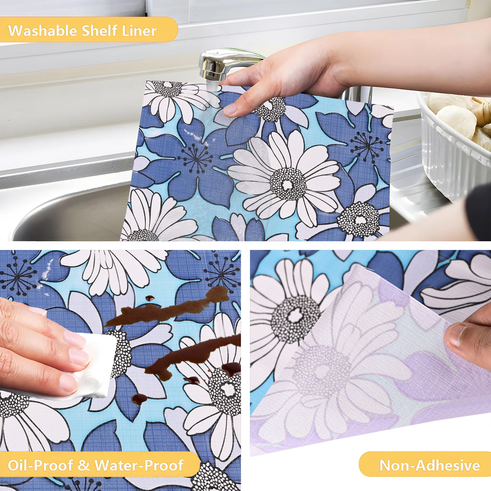 Kuber Industries 5 Meters Waterproof  Durable Kitchen Mats for Shelf Liner Roll  Wipeable Fridge Sheets for Shelves Cabinet Drawer  White  Blue Flowers - Sky Blue