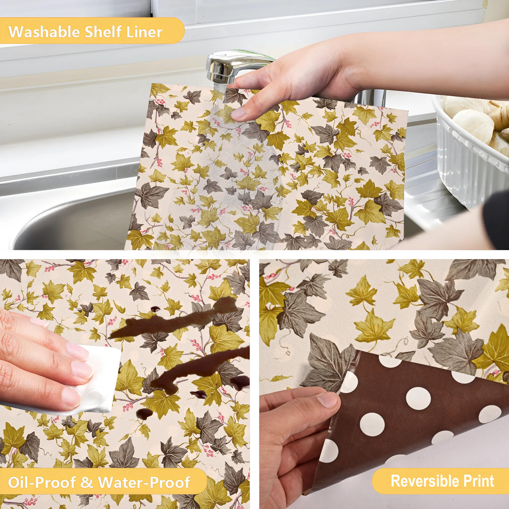 Kuber Industries 5 Meters Waterproof  Durable Kitchen Mats for Shelf Liner Roll  Wipeable Fridge Sheets for Shelves Cabinet Drawer  Grey  Green Leaf - Cream