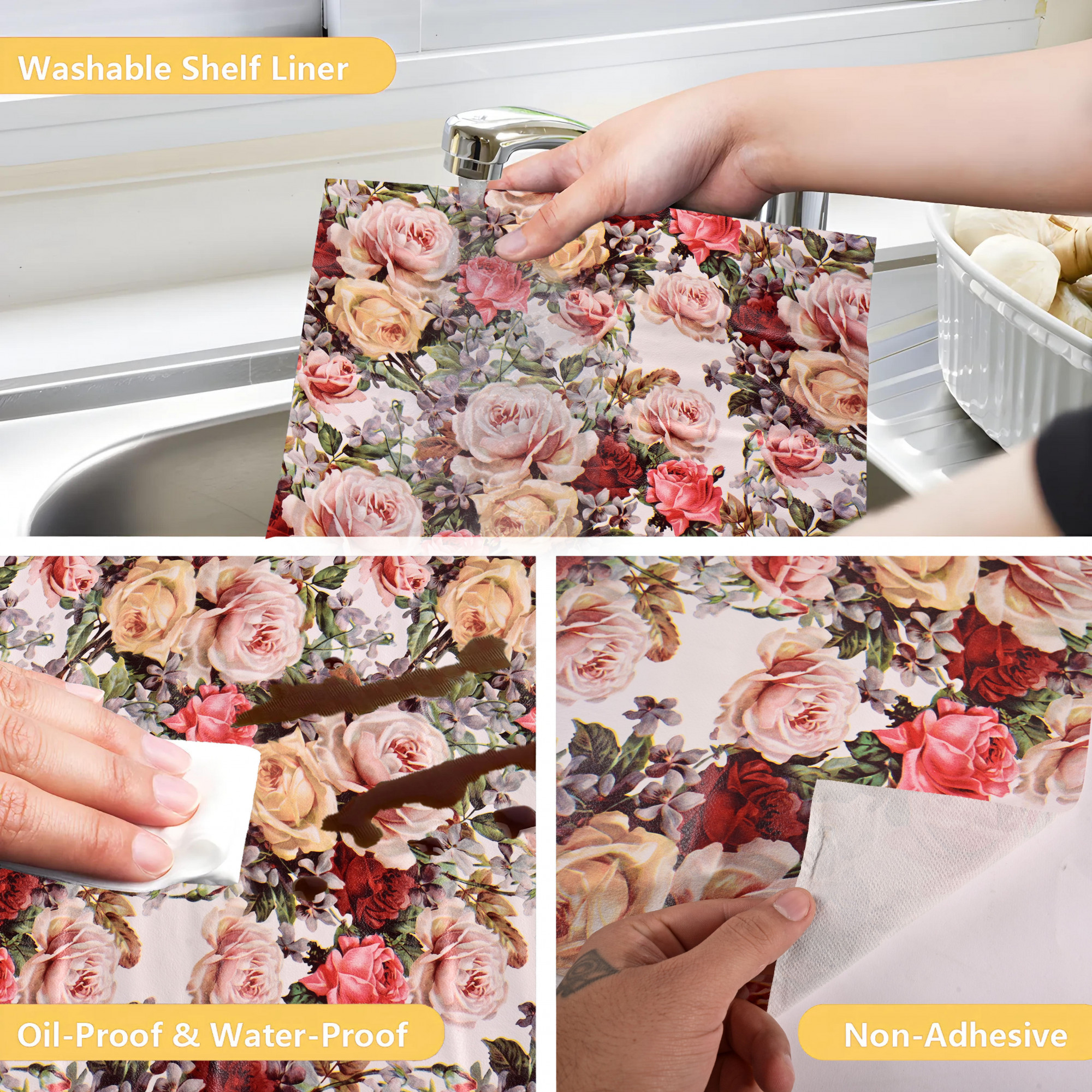 Kuber Industries 5 Meters Waterproof  Durable Kitchen Mats for Shelf Liner Roll  Wipeable Fridge Sheets for Shelves Cabinet Drawer  Pink  Yellow Roses