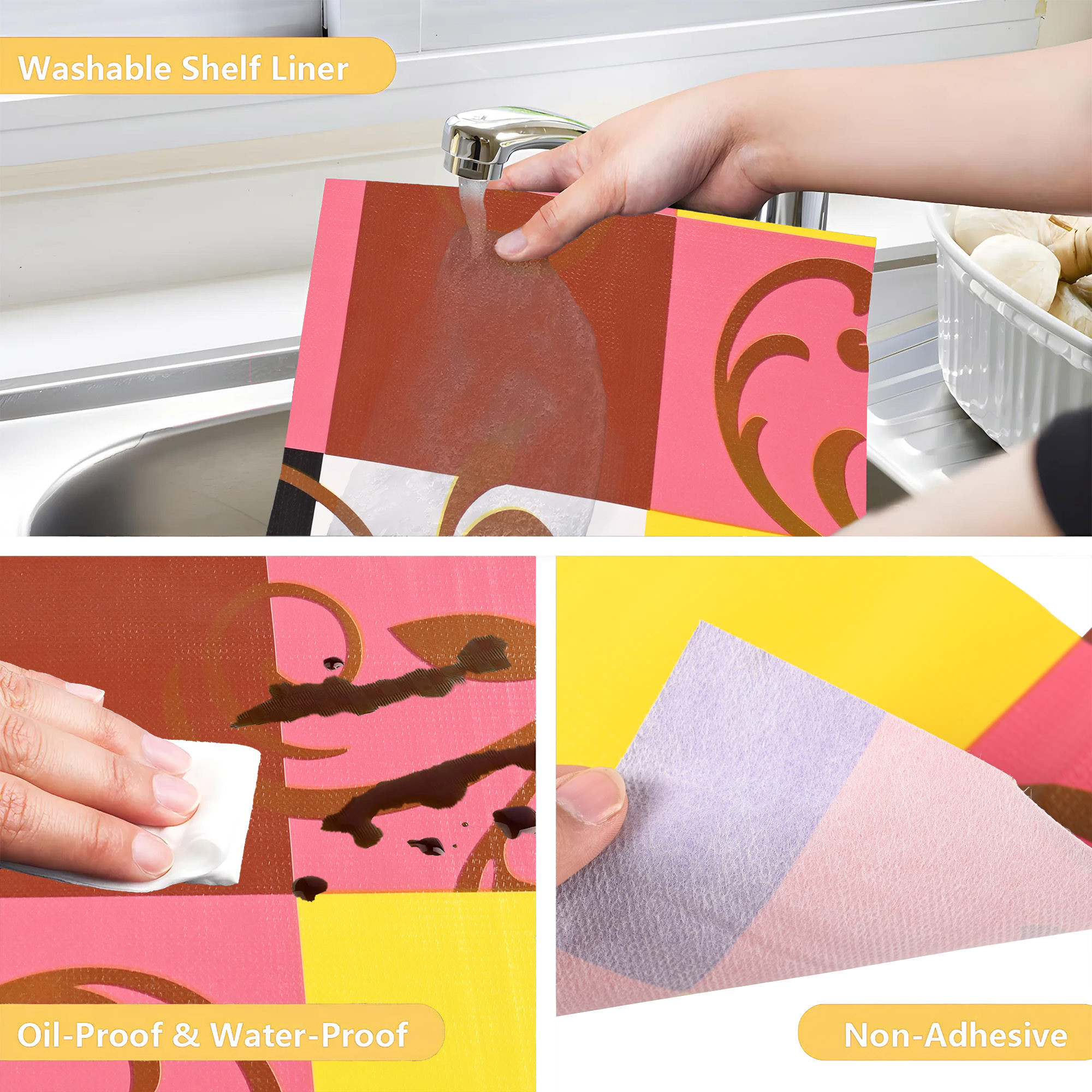 Kuber Industries 5 Meters Waterproof  Durable Kitchen Mats for Shelf Liner Roll  Wipeable Fridge Sheets for Shelves Cabinet Drawer  Pink  Yellow Checks